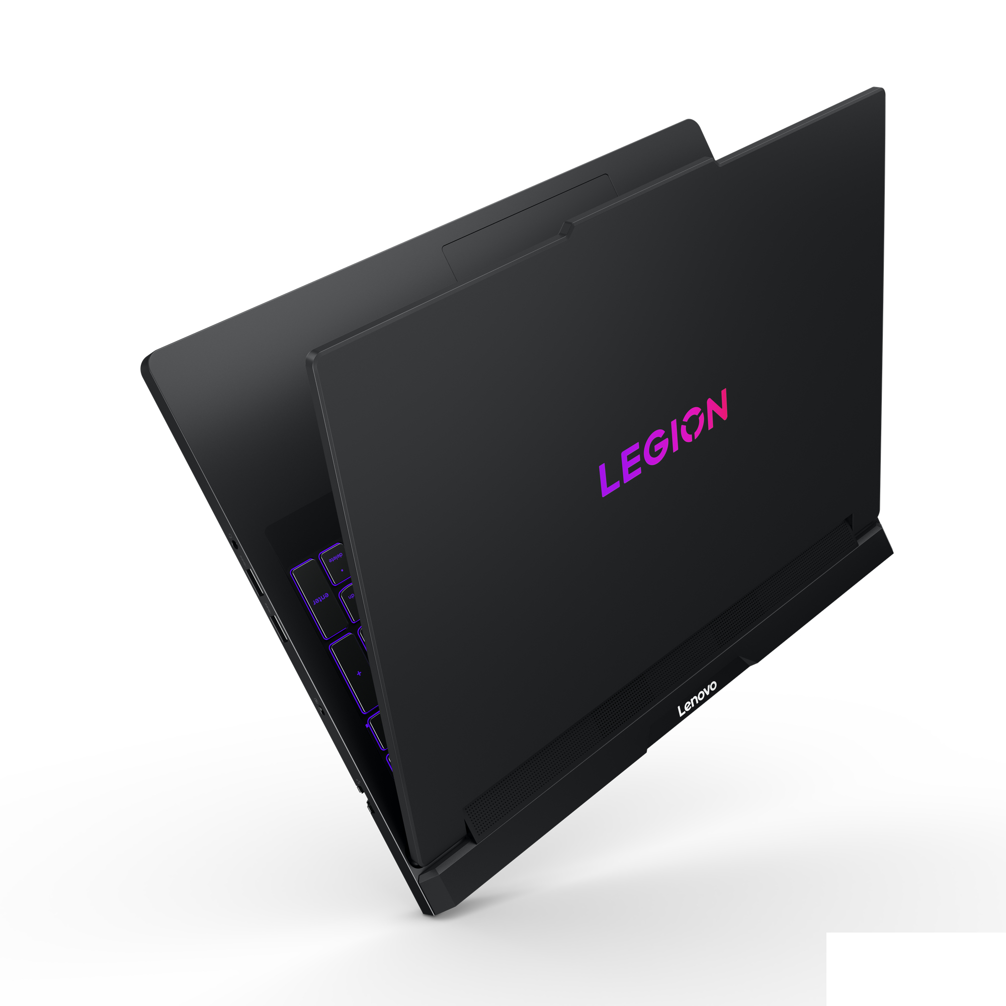 Schwarzer Laptop mit lila beleuchteter Tastatur und Legion-Logo.