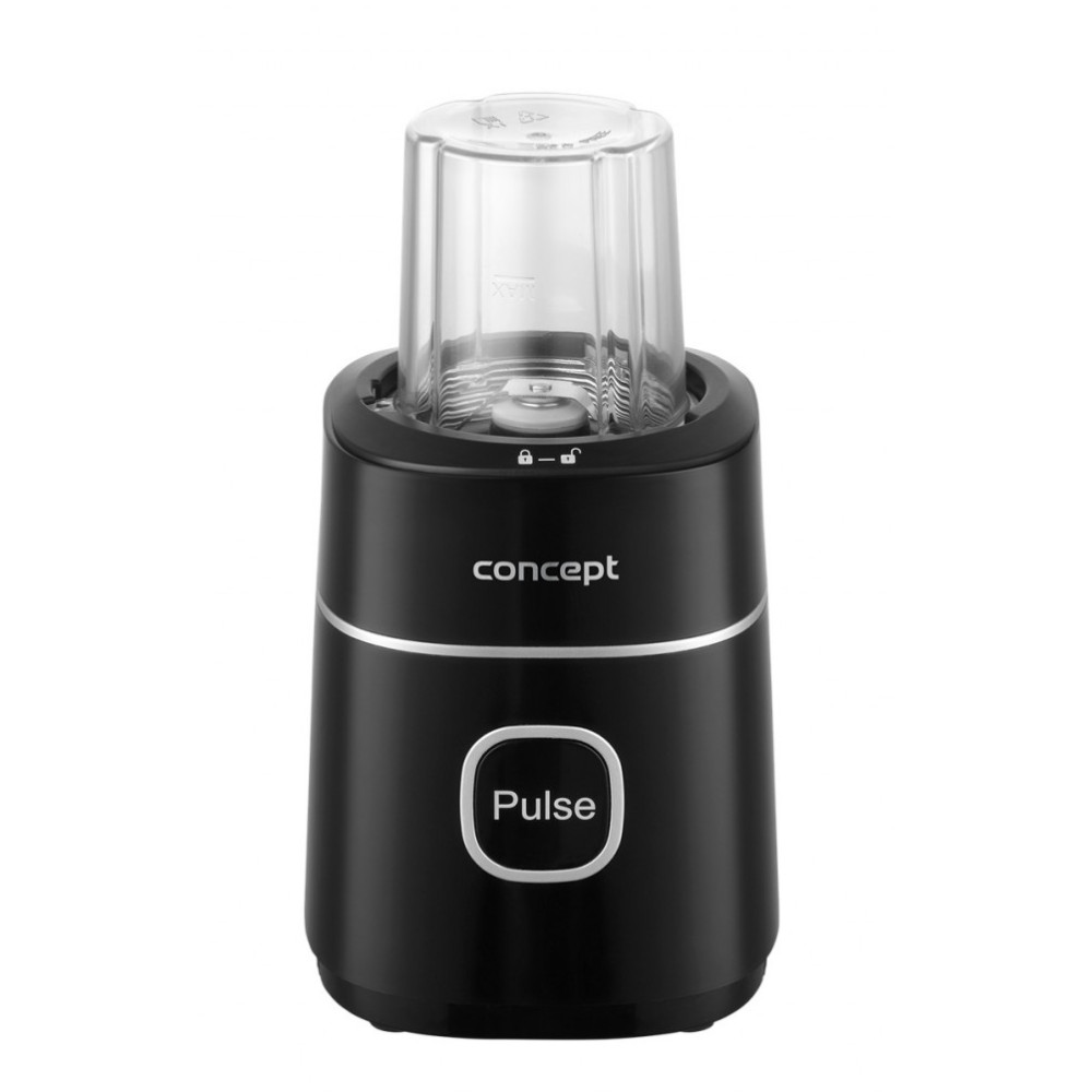 Czarny kompaktowy blender z przezroczystym kubkiem na górze, z napisem 'concept' i 'Pulse'.