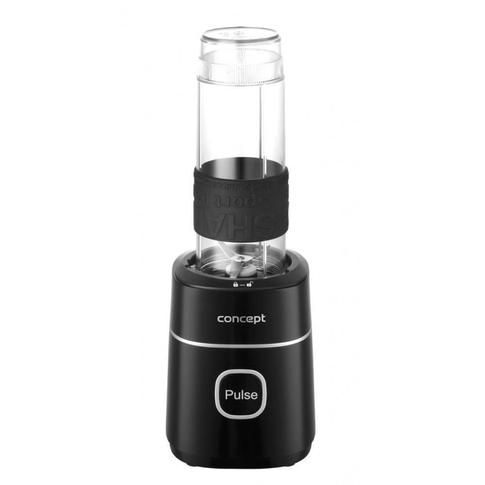 Czarny przenośny blender z przezroczystym pojemnikiem i srebrnymi akcentami.