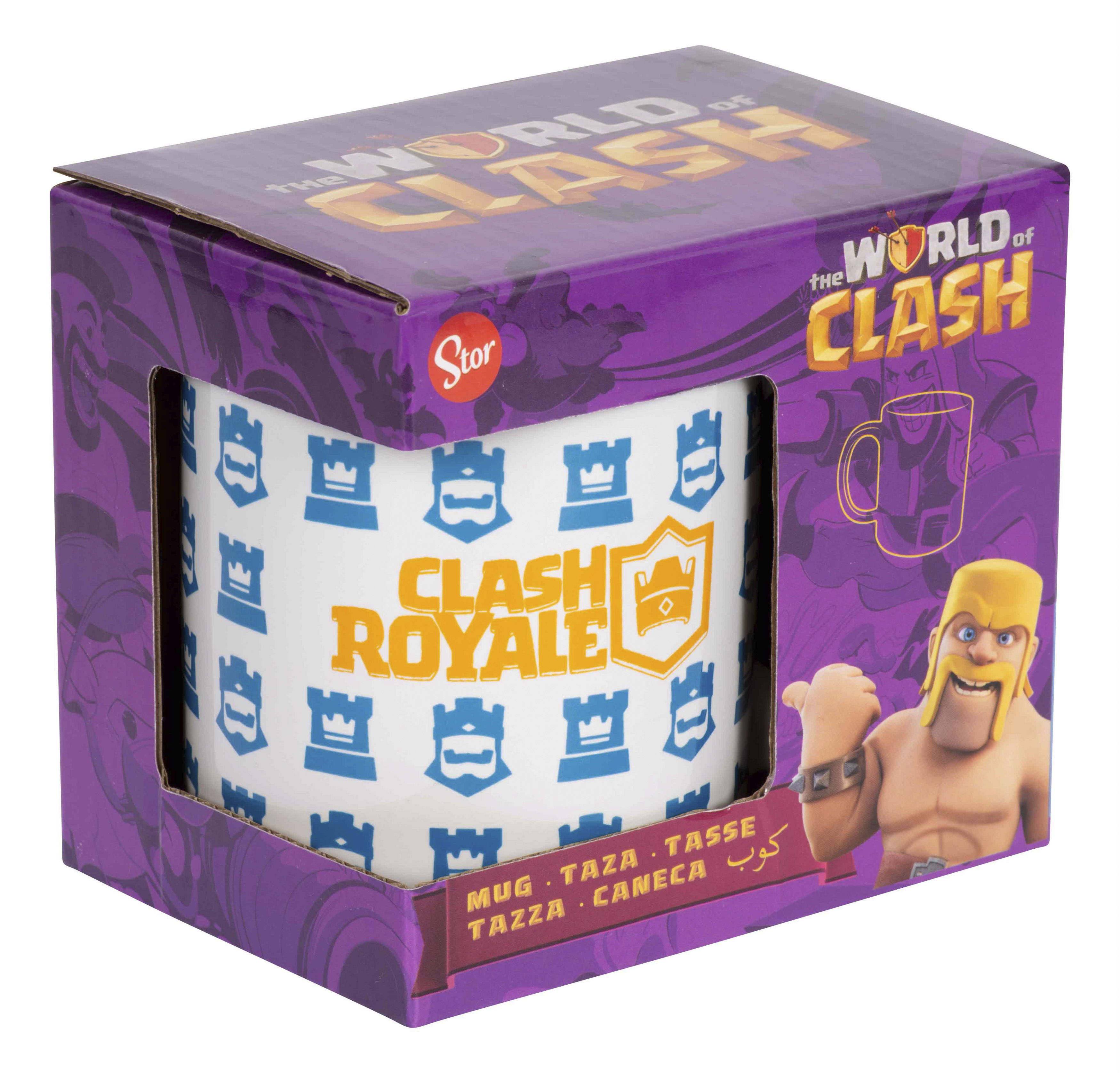 Lila Box für einen Clash Royale Becher, mit Barbaren-Charakter und Spielsymbolen.