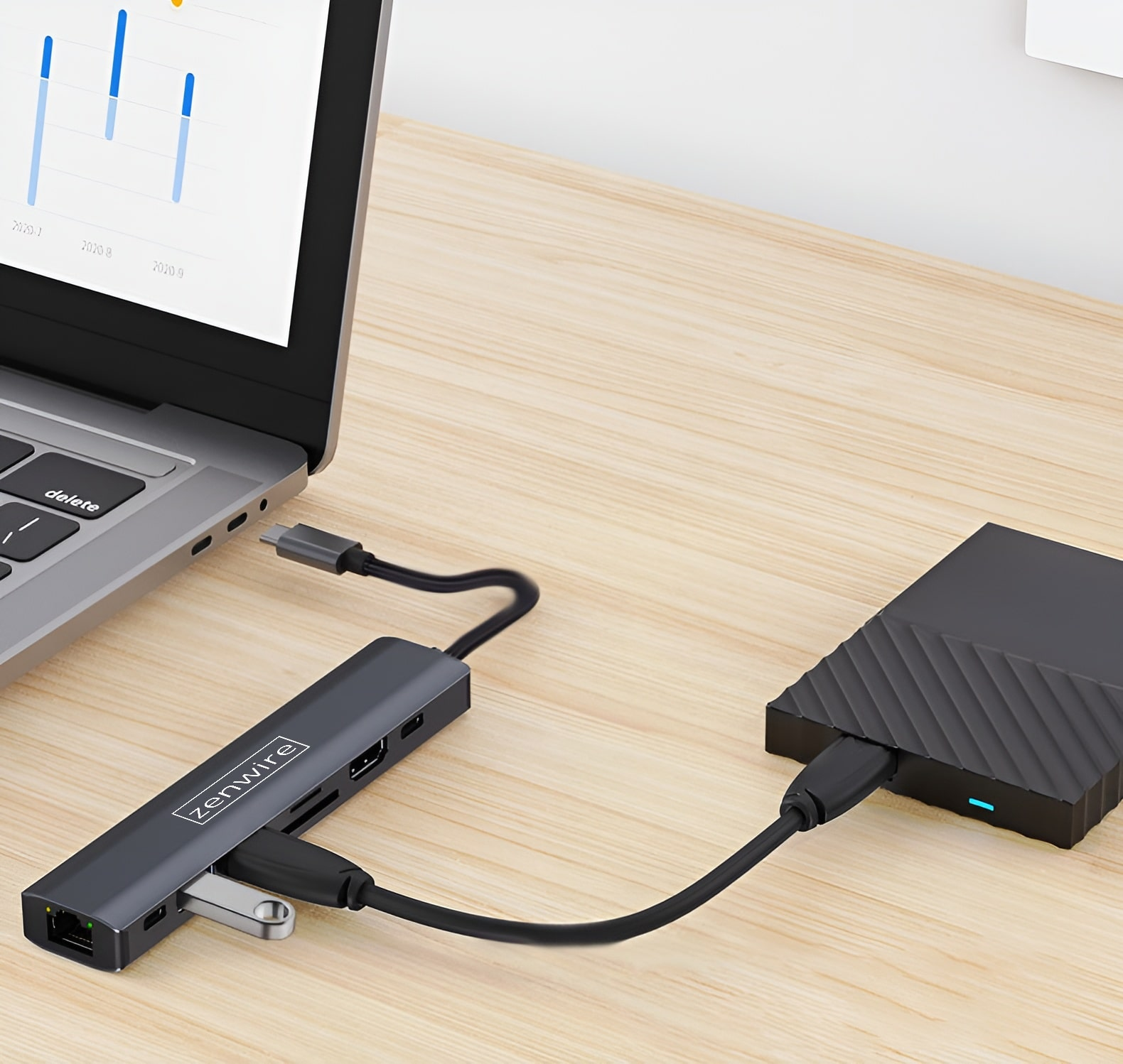 Un hub per laptop è collegato a un laptop e a un disco rigido esterno.
