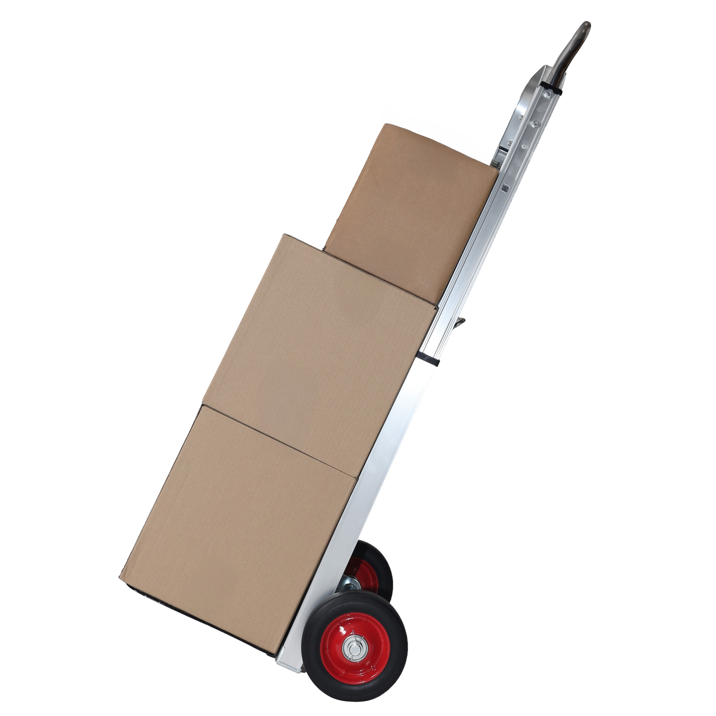 Wózek transportowy z dwoma kartonami na białym tle.