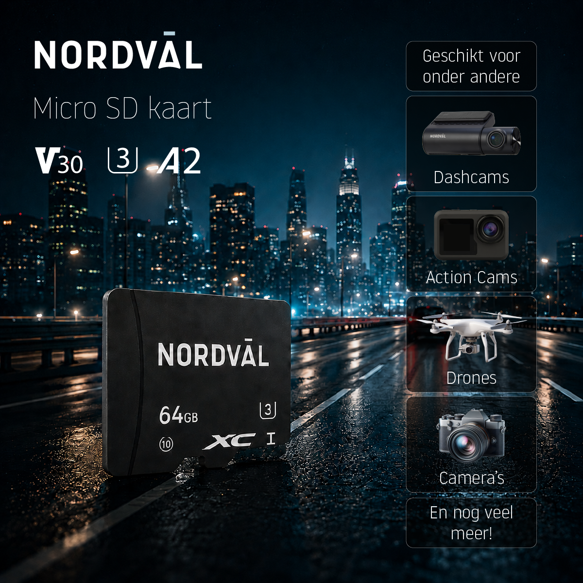 Nordvāl Micro SD Card, 64GB, V30, U3, A2, suitable for dashcams, action cams, drones.