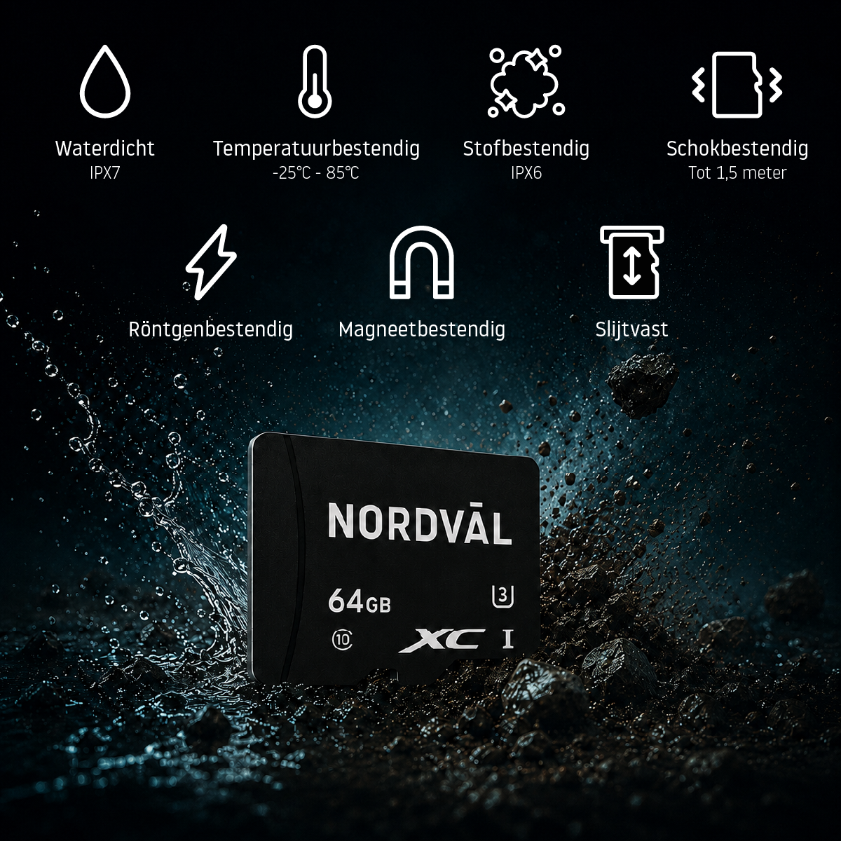 A 64GB memory card surrounded by water and dirt, with feature icons above.