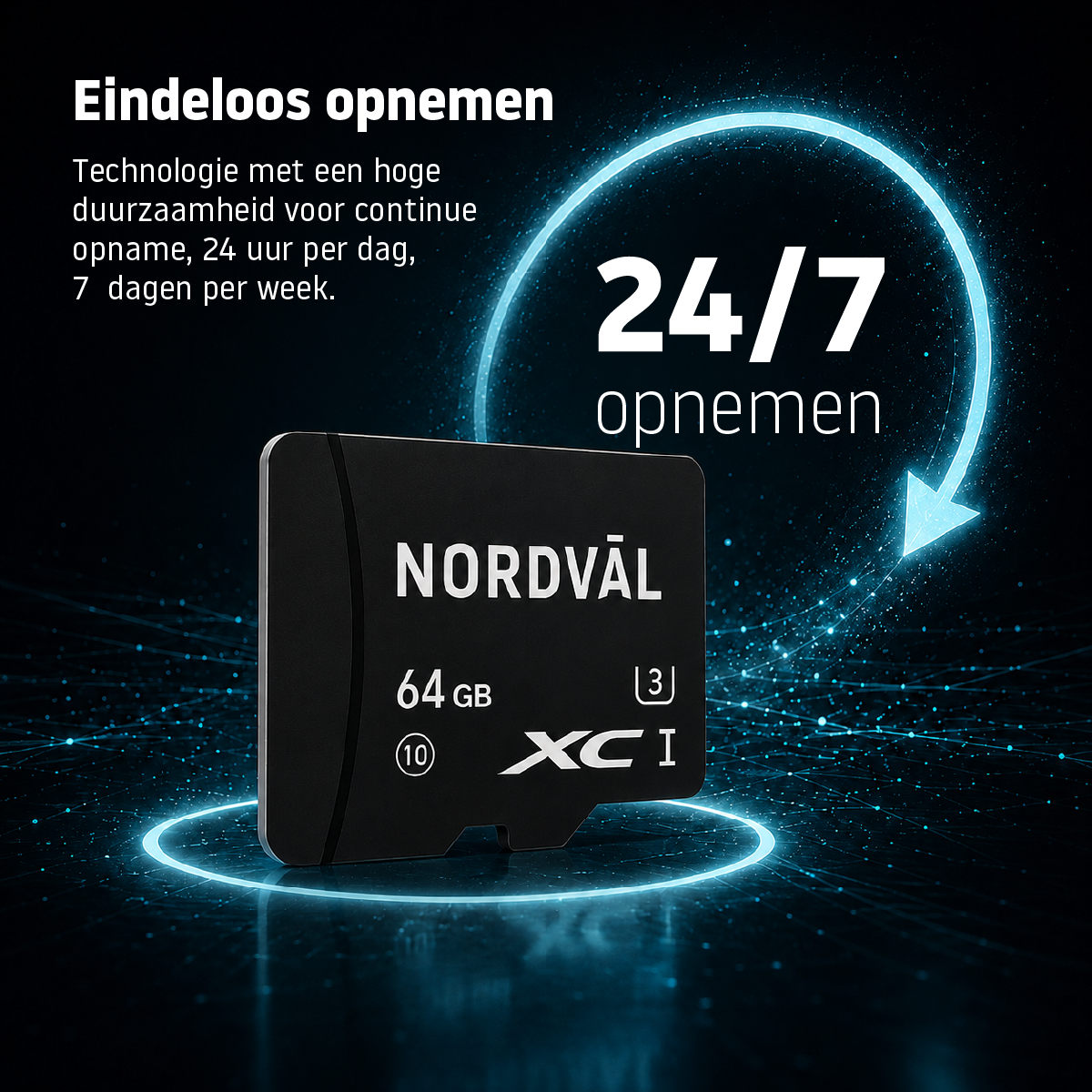 A NORDVAL 64 GB memory card with "24/7 opnemen" text on a dark background.