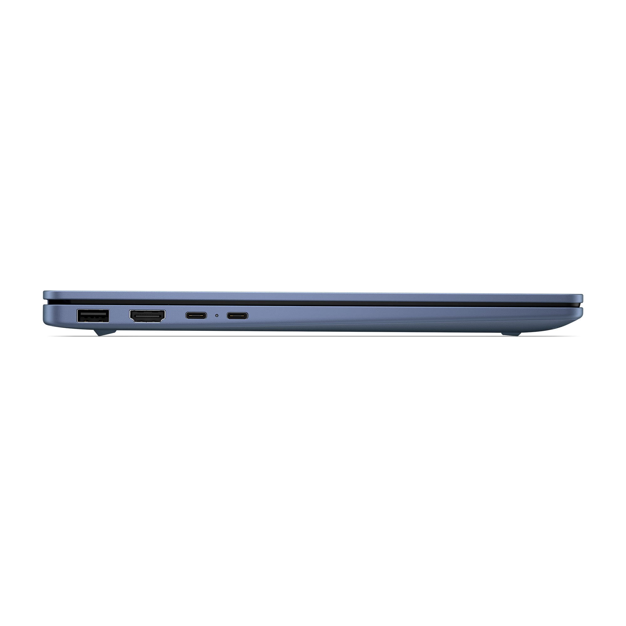 Borde de portátil azul con puertos: USB-A, HDMI, dos puertos USB-C.