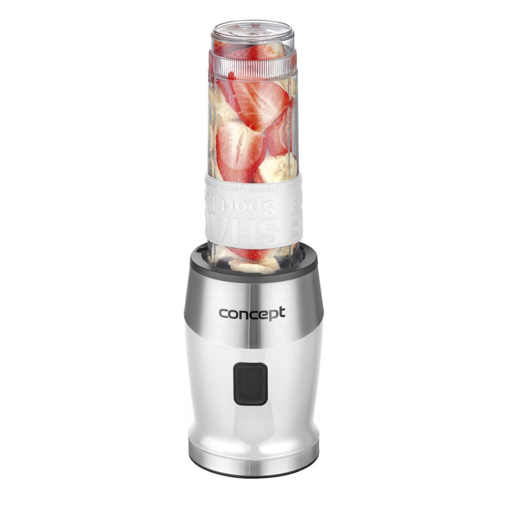 Srebrny blender z pokrojonymi truskawkami i bananami w przezroczystym pojemniku.