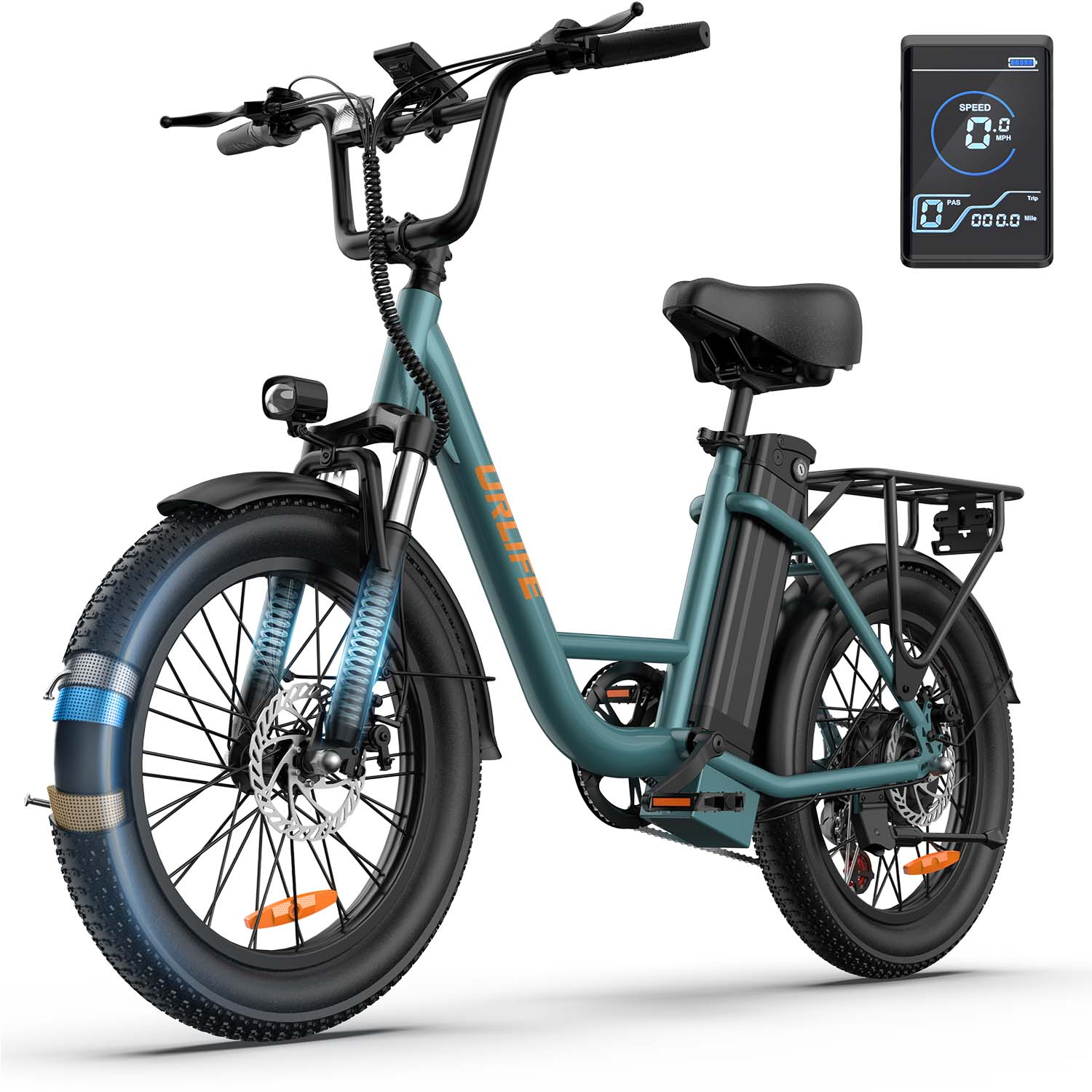 Bicicletta elettrica teal con pneumatici larghi e display digitale. Ruota anteriore con nastro riflettente.