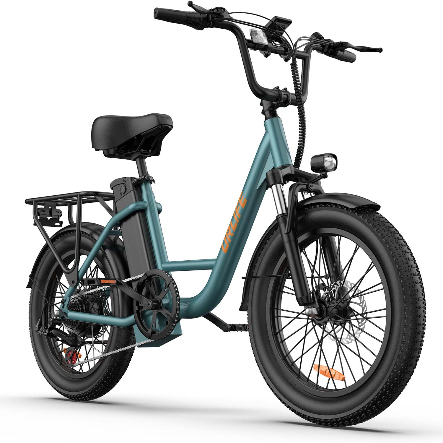 Una e-bike color turchese con pneumatici larghi, portapacchi e faro.