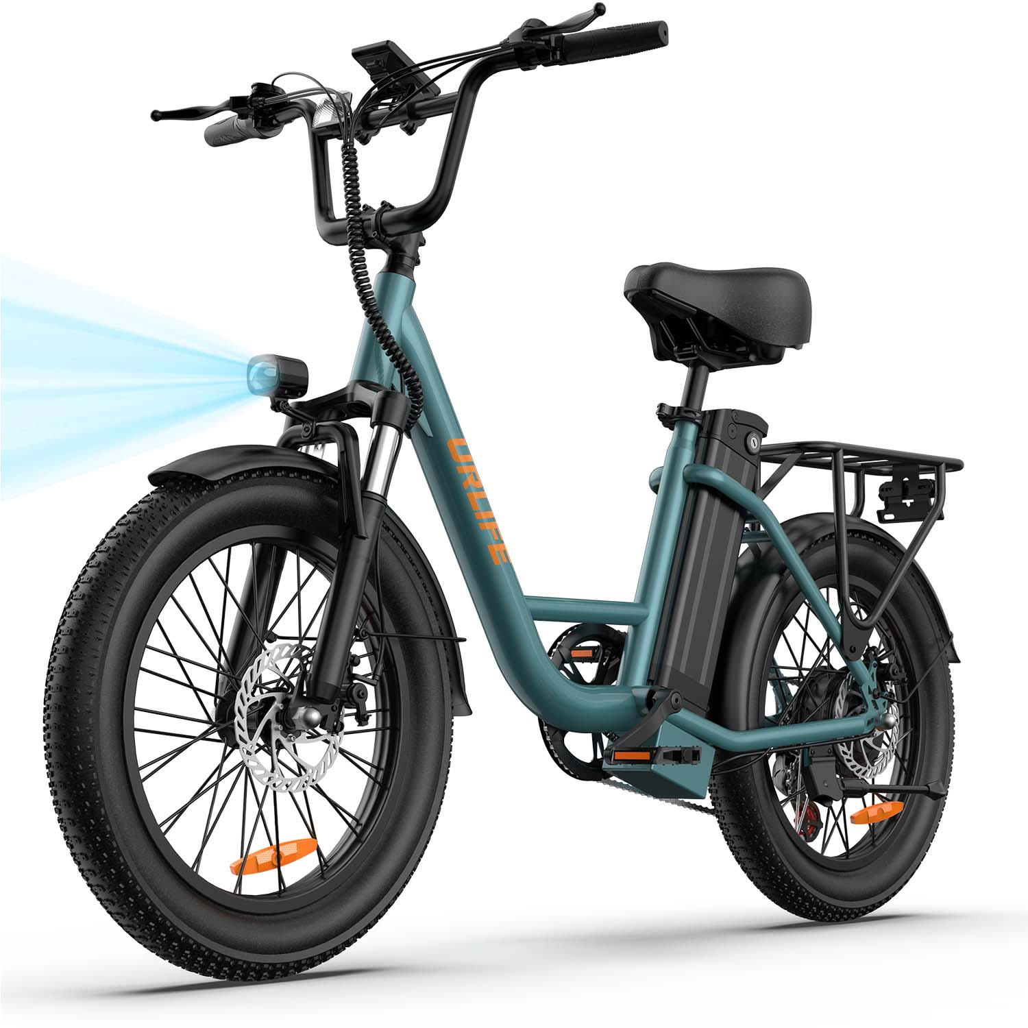 Una e-bike color verde acqua con pneumatici larghi, portapacchi posteriore.