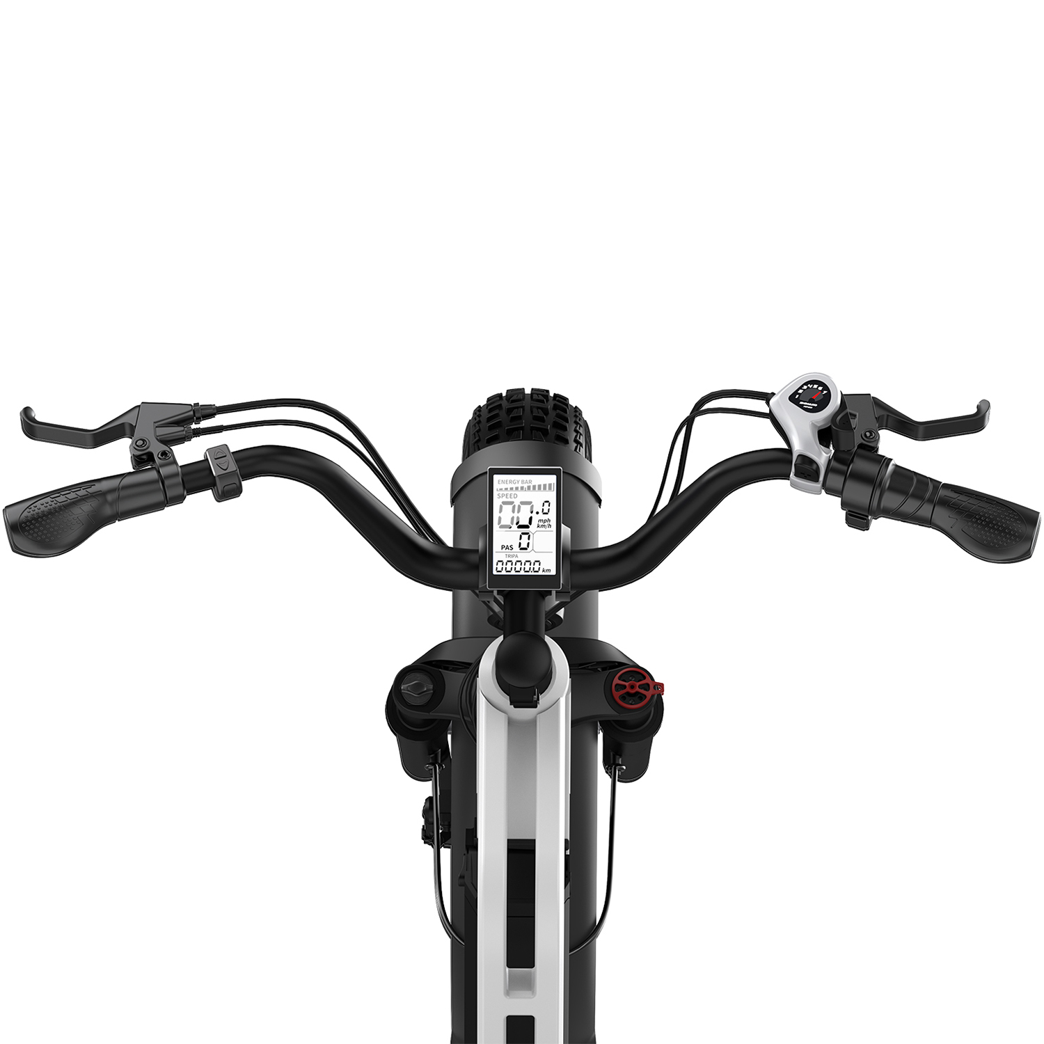 Zbliżenie kierownicy roweru elektrycznego z cyfrowym wyświetlaczem i dźwigniami hamulca.