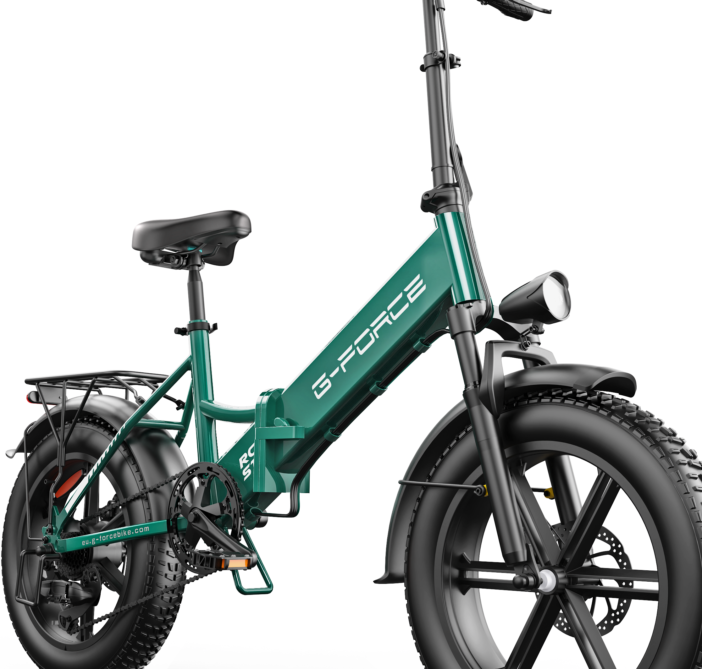 Zielony rower elektryczny G-Force z grubymi oponami, bagażnikiem i światłem.