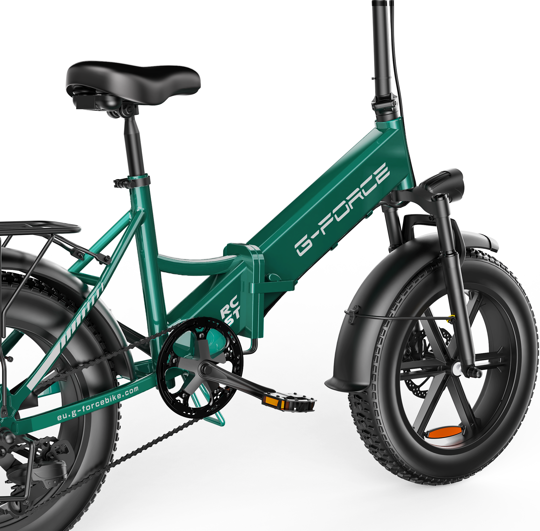 Zielony rower elektryczny G-Force z grubymi oponami, czarnym siodełkiem i bagażnikiem.