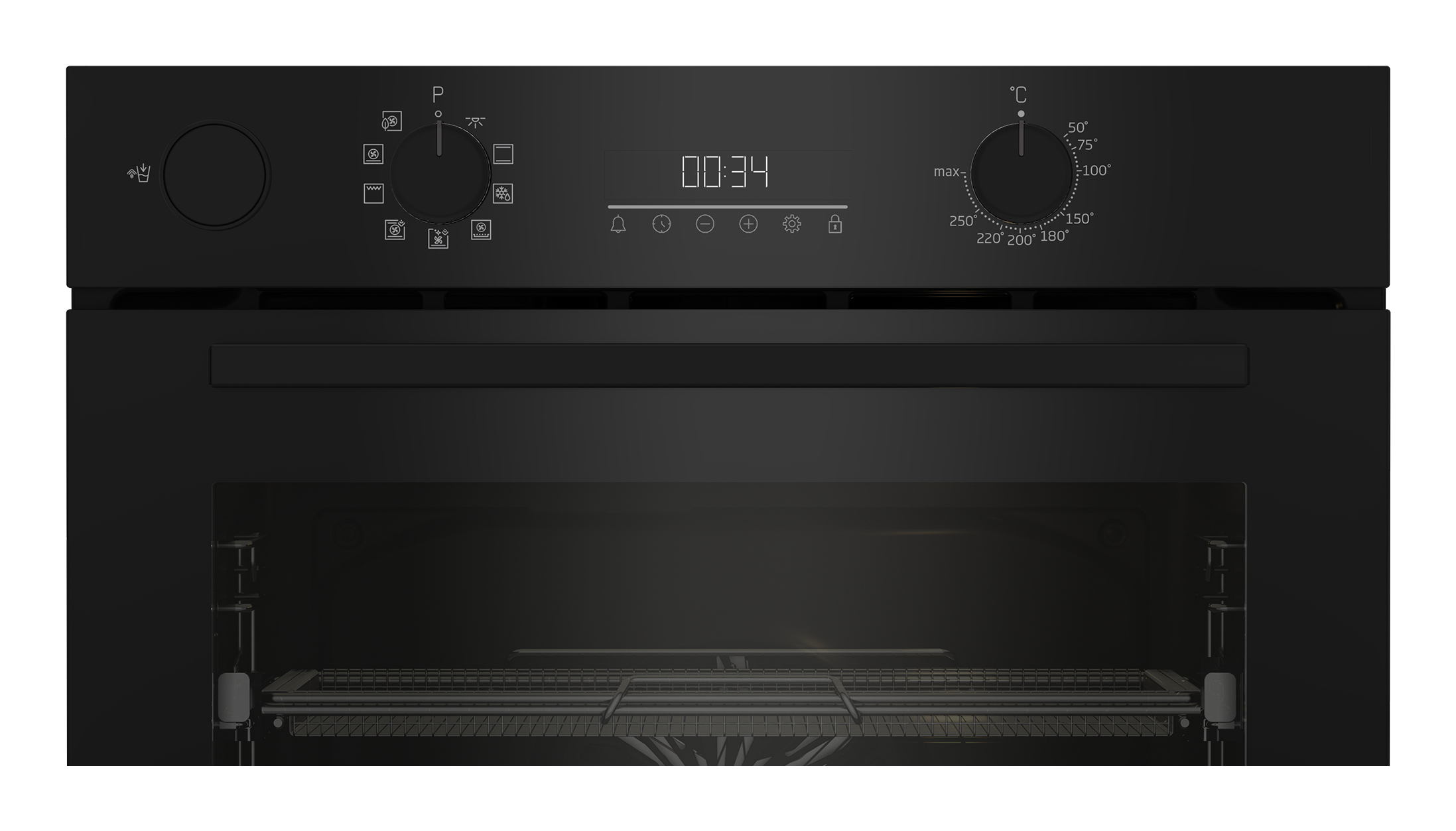 Pannello di controllo forno nero con display digitale 00:34, manopole e impostazioni temperatura.