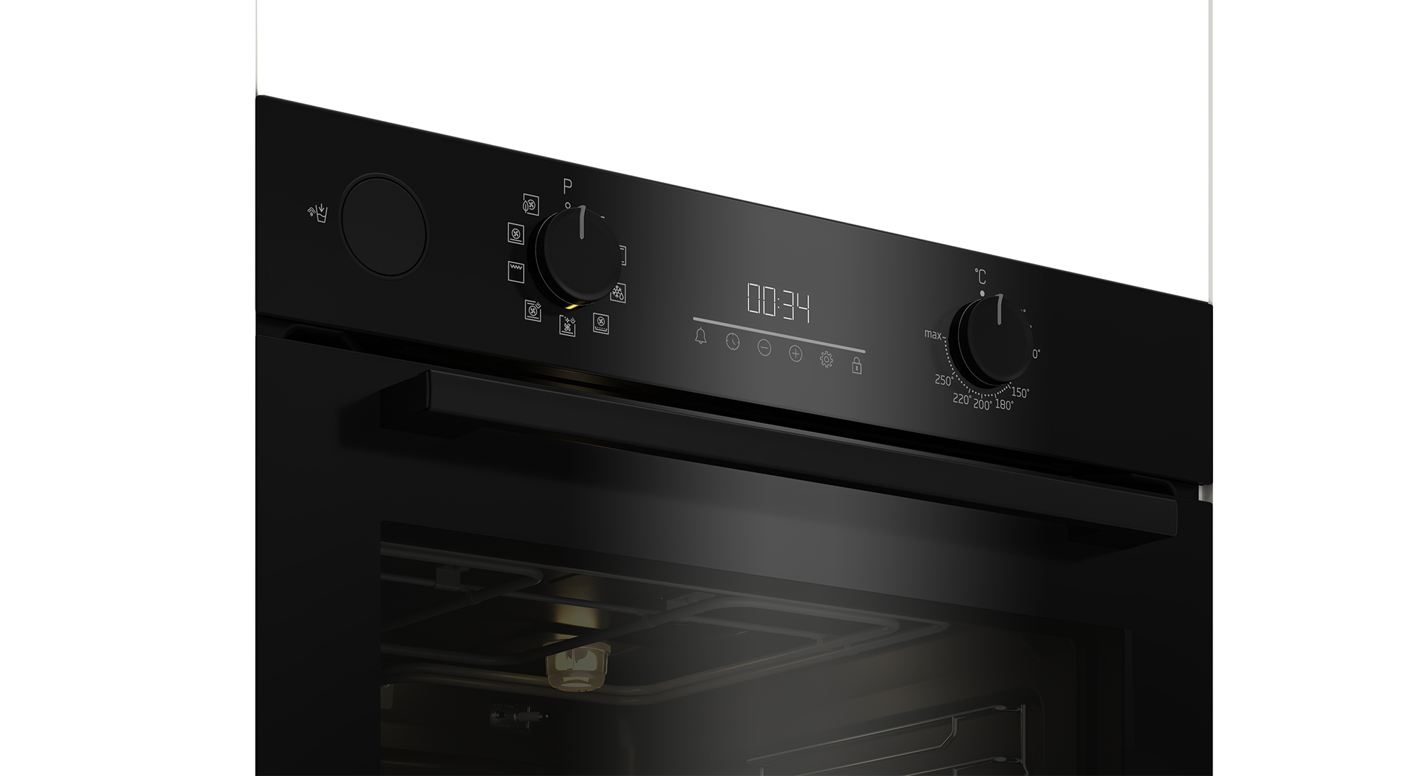 Forno nero con display digitale e manopole per temperatura e tempo.