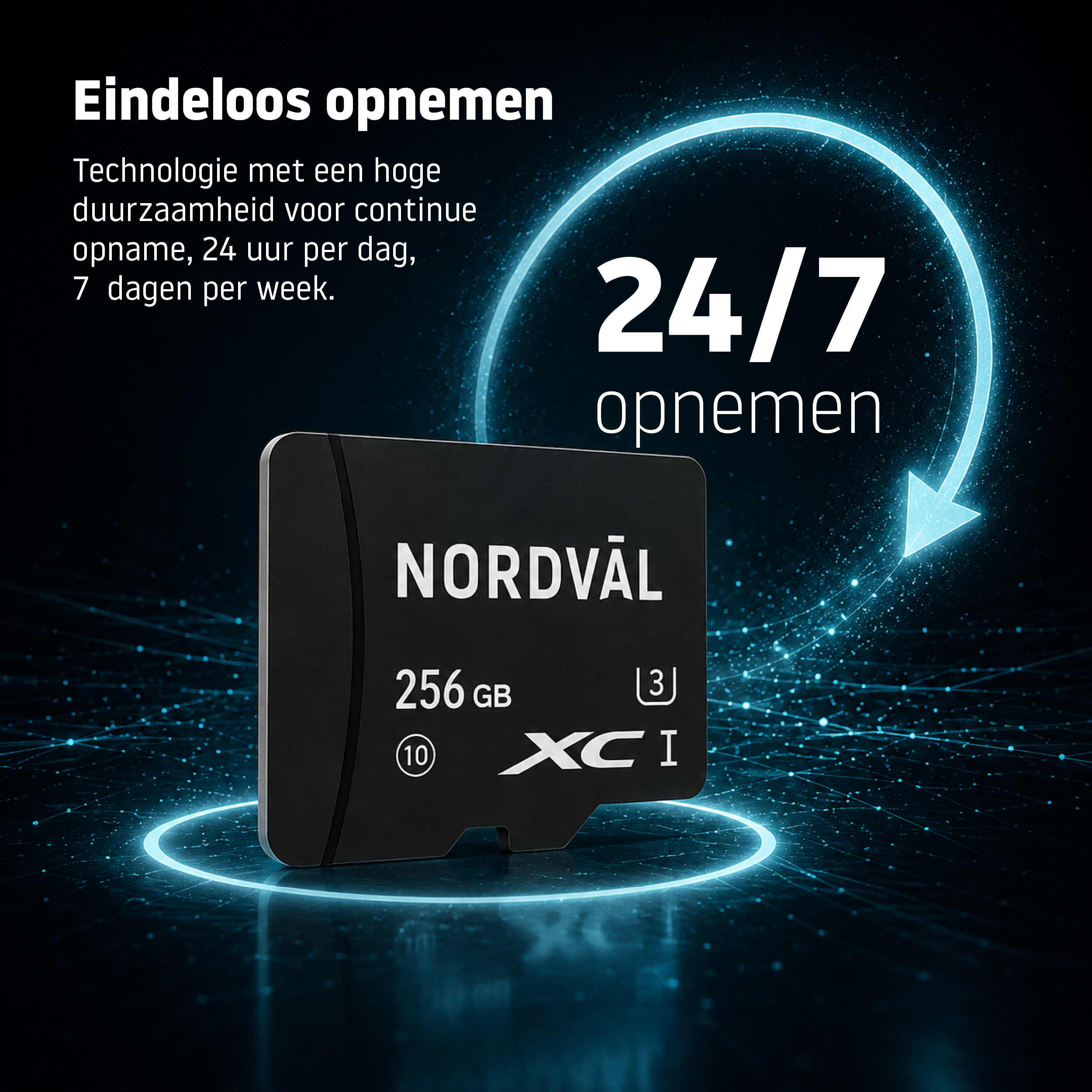 A Nordval 256 GB memory card with 24/7 recording on a dark, blue background.