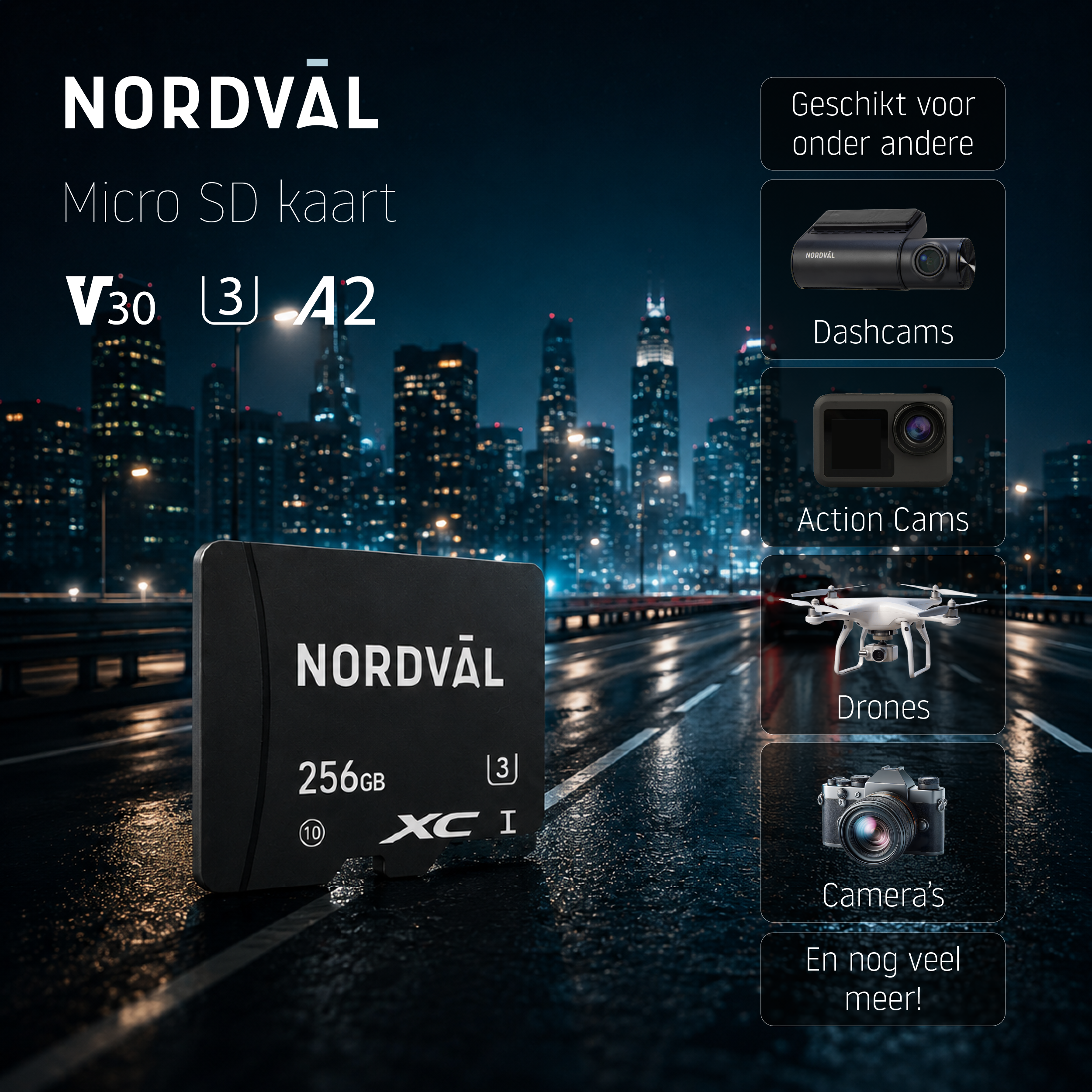 NORDVĀL Micro SD card 256GB, V30, A2, suitable for dashcams, action cams, drones, cameras.