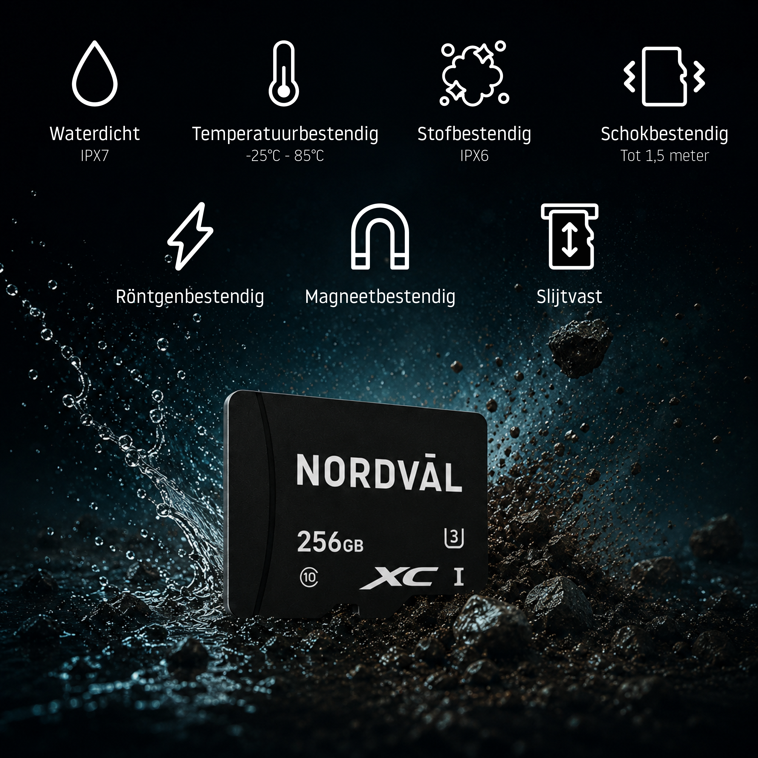 A NORDVĀL 256GB memory card surrounded by water and dirt particles.