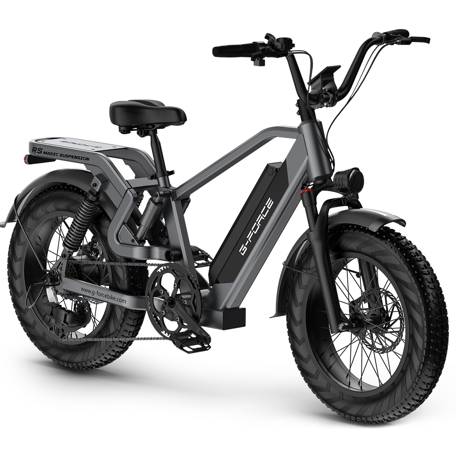 Szary rower elektryczny typu fat bike z czarnym siodełkiem, kierownicą i akumulatorem.