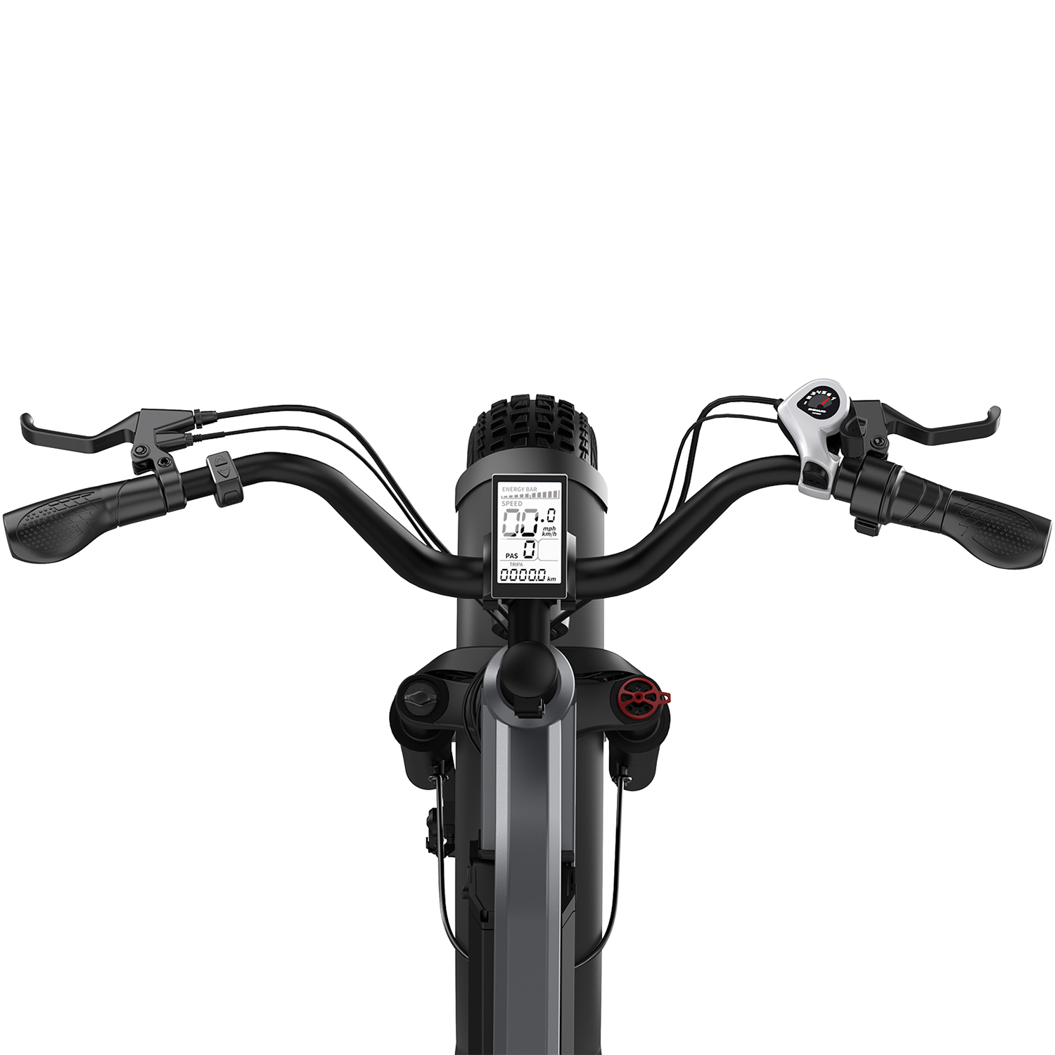 Zbliżenie kierownicy roweru elektrycznego z wyświetlaczem, uchwytami i hamulcami.