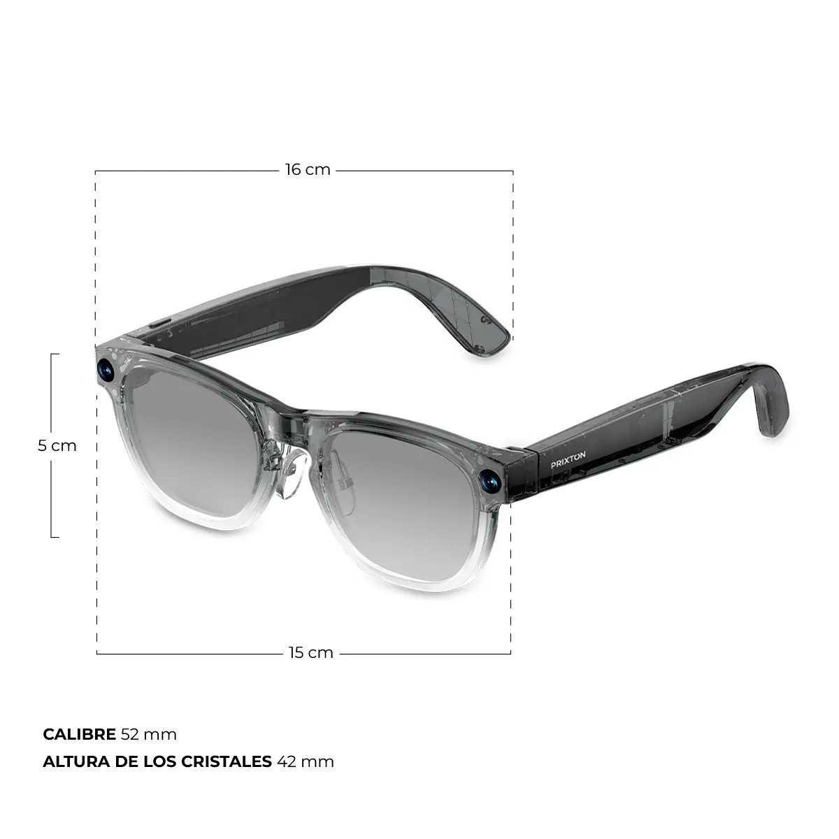 Gray smart glasses with cameras and dimensions. 16cm wide, 5cm high.