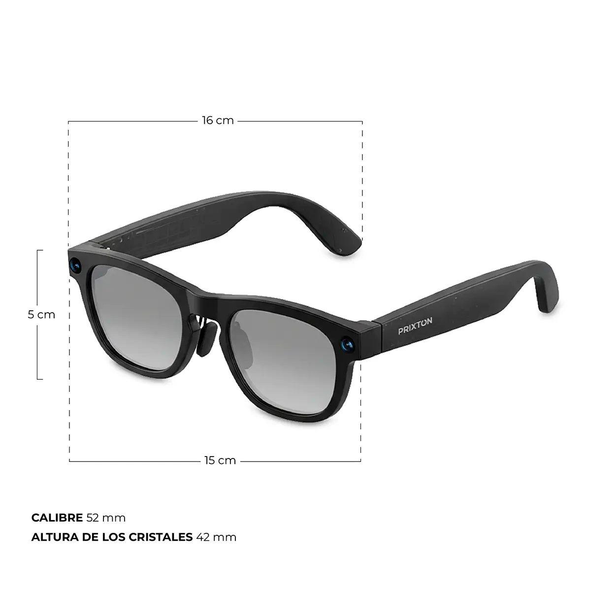 Black sunglasses with blue cameras, dimensions 16x5cm.