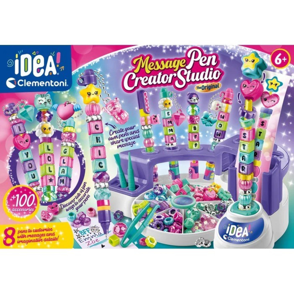 Zestaw Clementoni Message Pen Creator Studio z kolorowymi koralikami i literami.