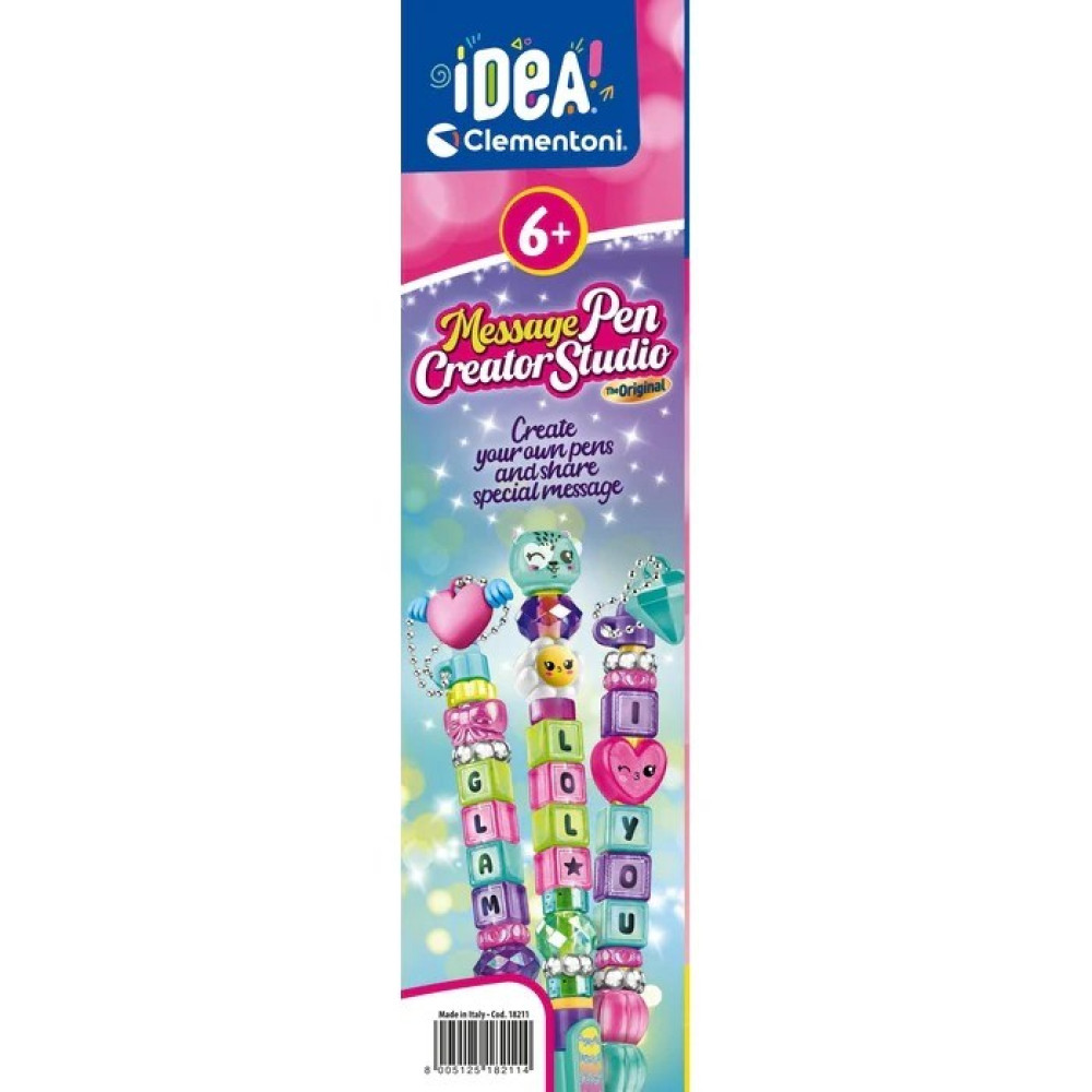 Pudełko Clementoni Message Pen Creator Studio z kolorowymi koralikami do tworzenia długopisów.