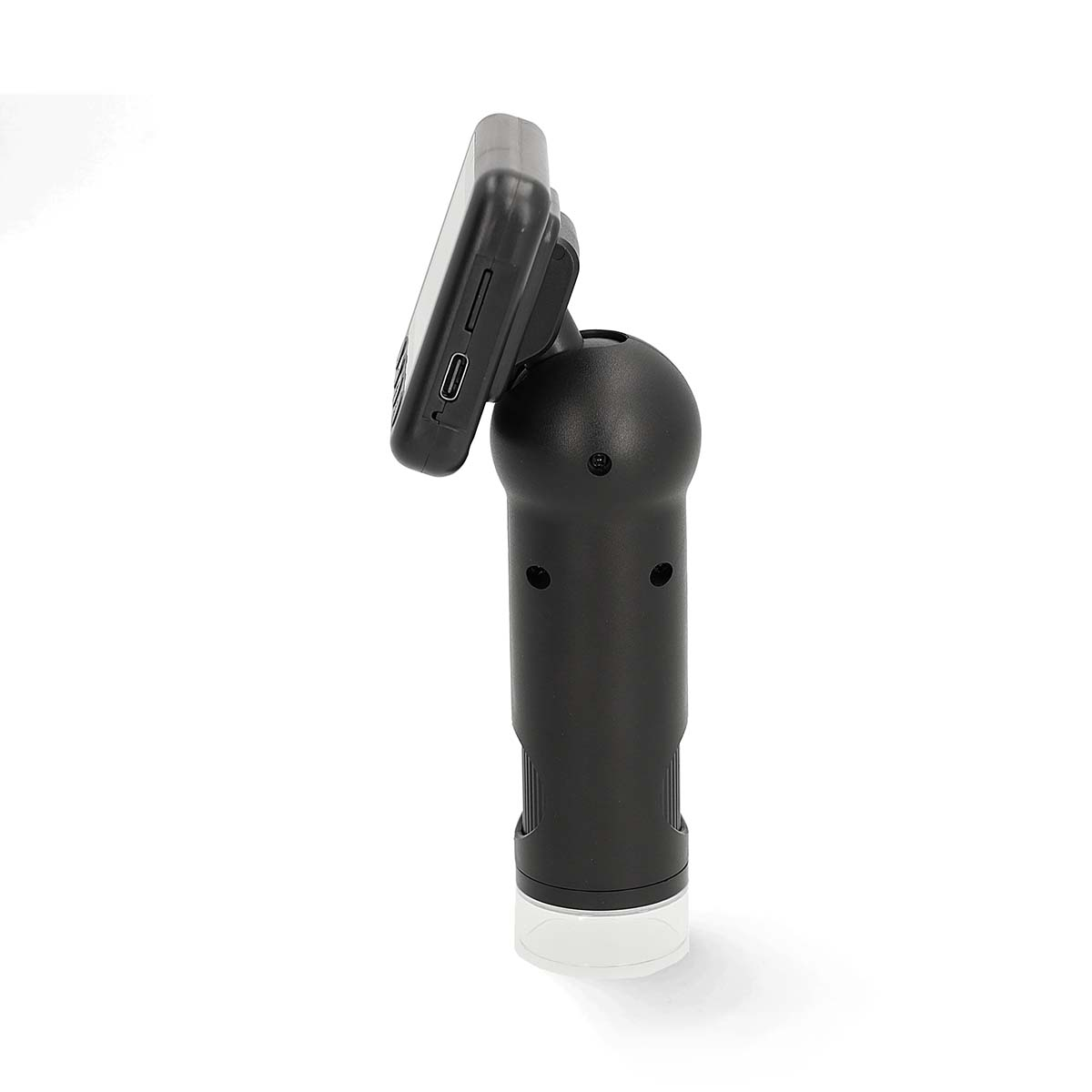 Ein schwarzes digitales Mikroskop mit einem Bildschirm ist auf weißem Hintergrund.