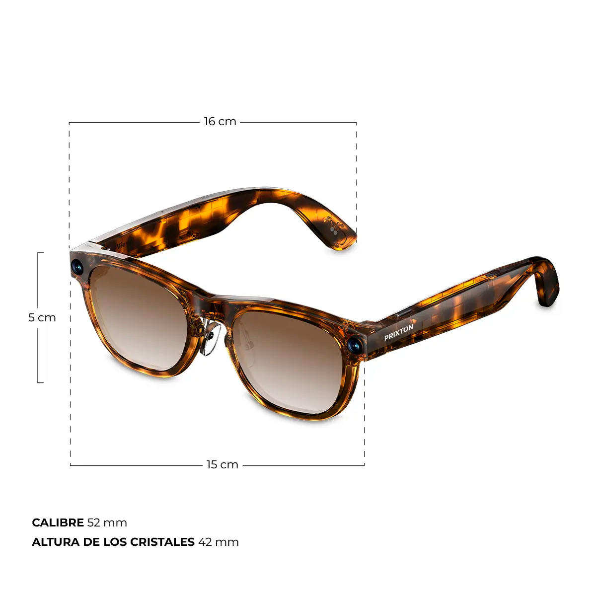 Brown tortoiseshell sunglasses with blue cameras on temples and measurements shown.