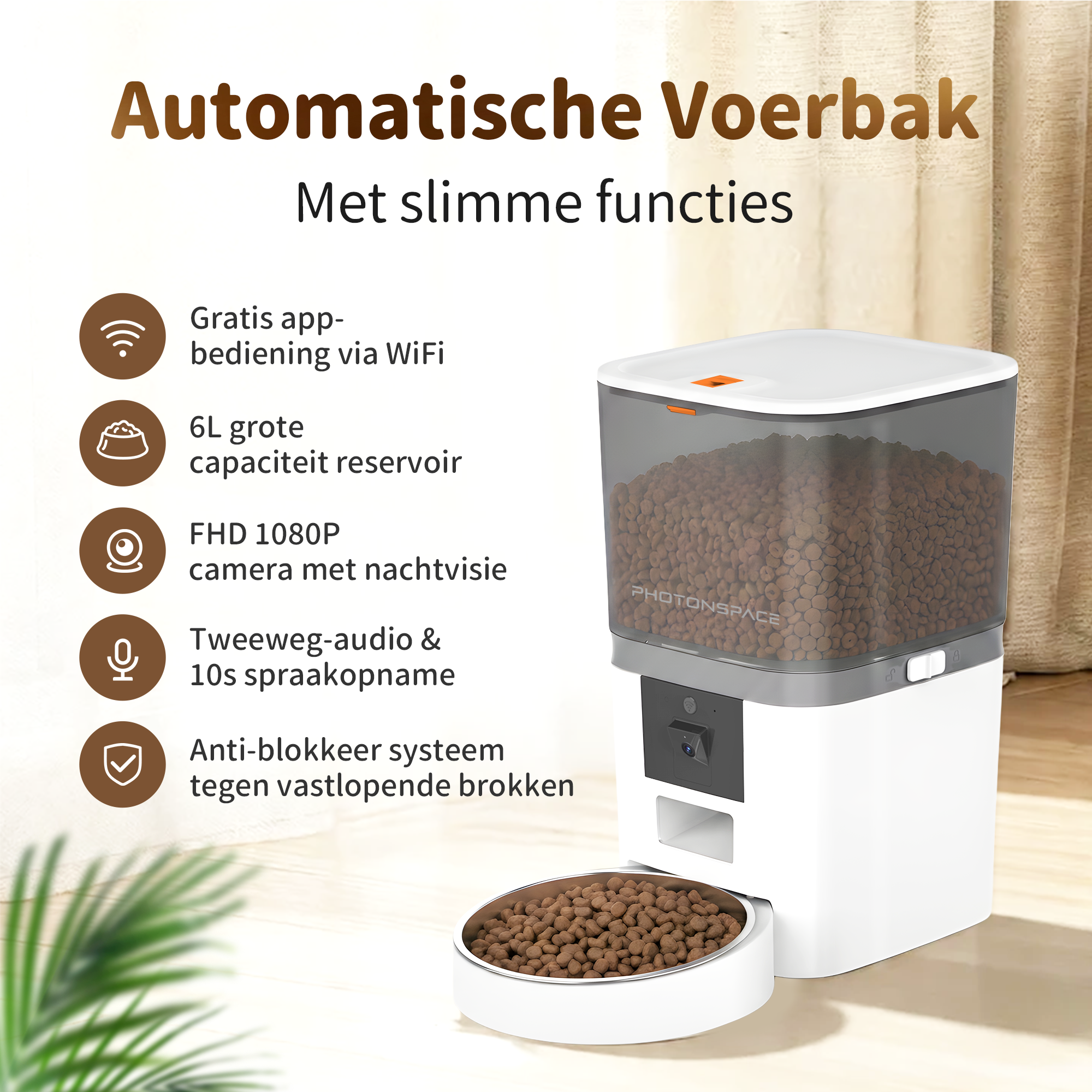 An automatic pet feeder with 6L capacity, camera, and app control features.