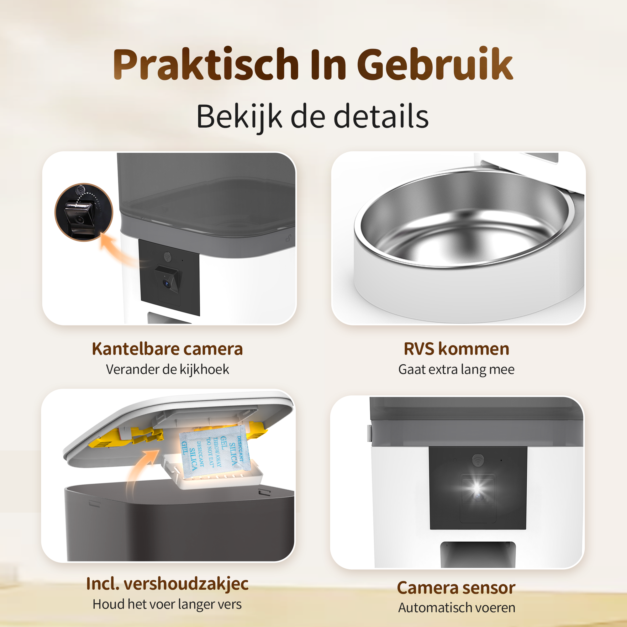 Four images show details of a pet feeder: camera, stainless steel bowl, silica gel, and sensor.
