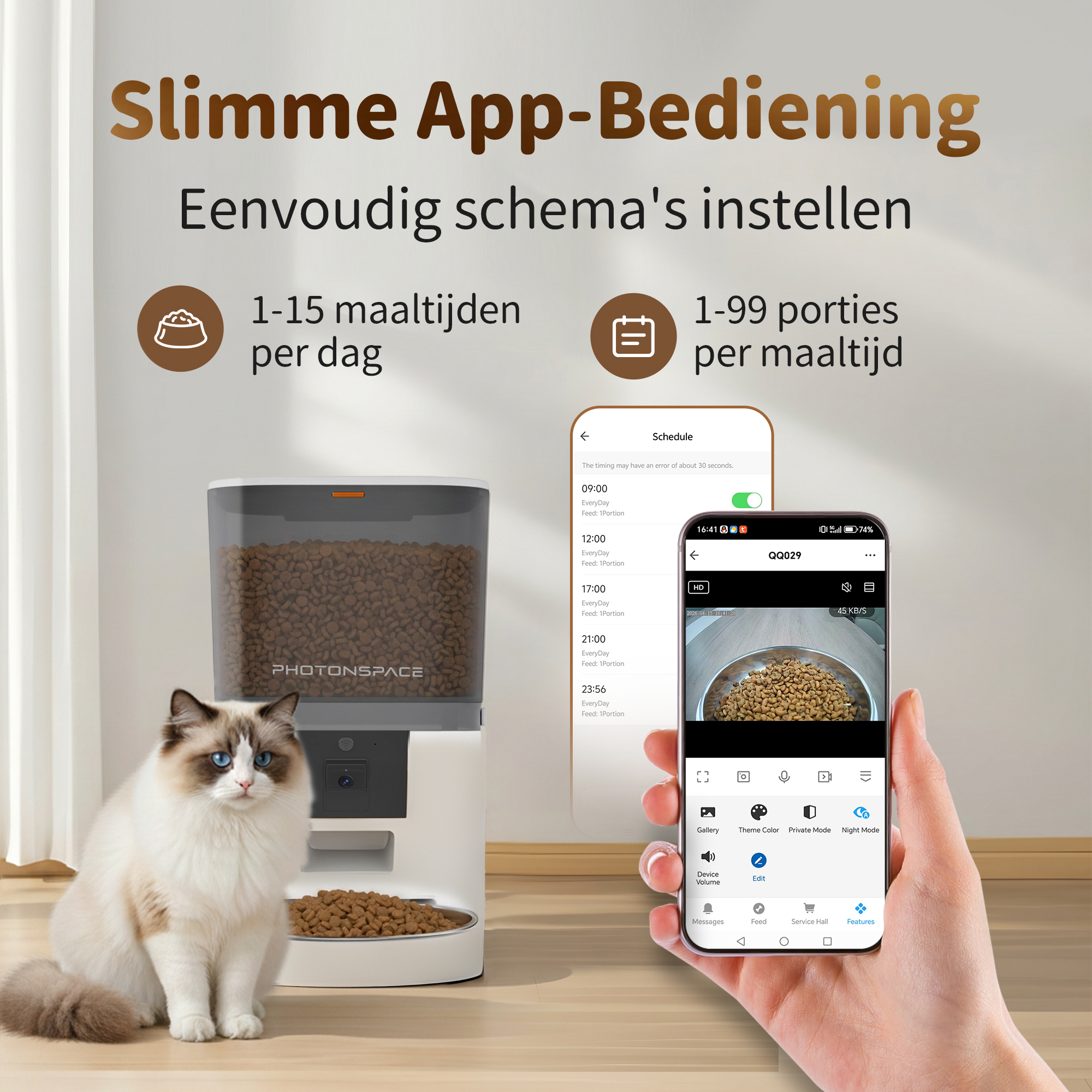 A white Ragdoll cat sits next to a white automatic pet feeder displaying an app on its screen.