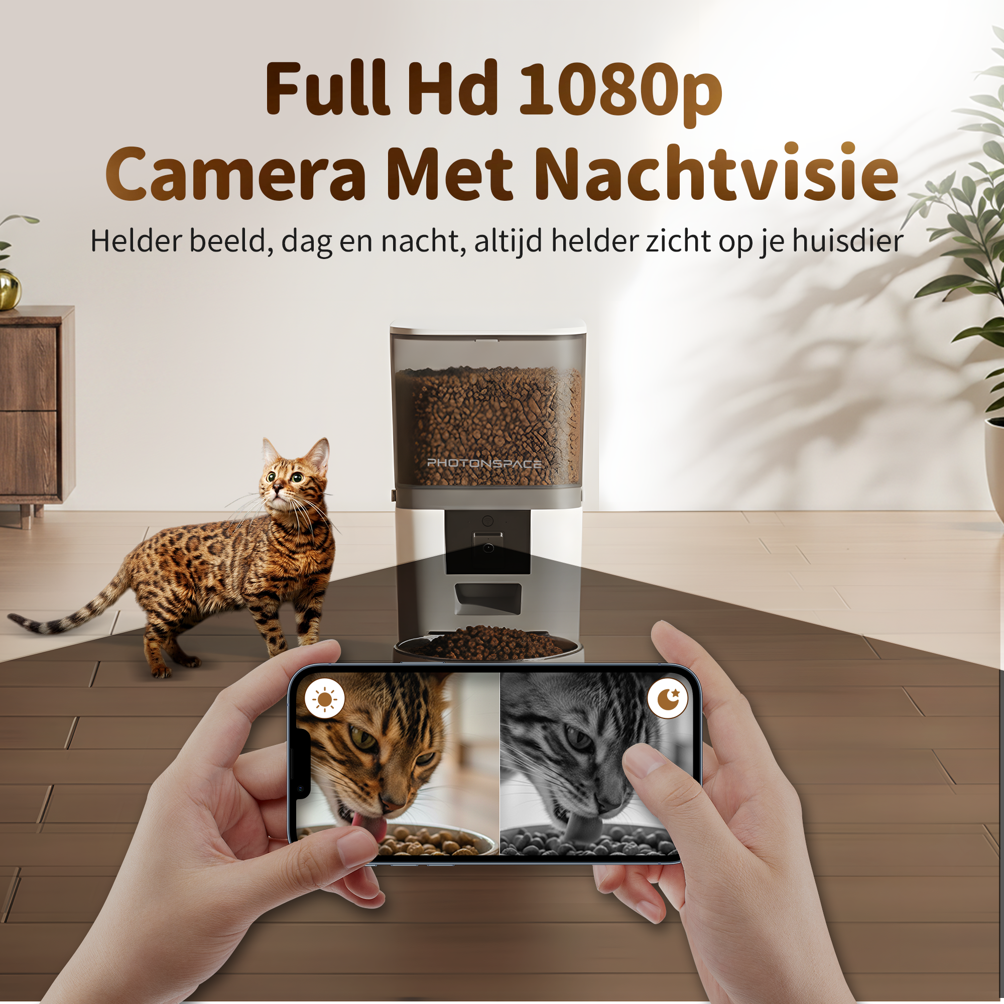 A Bengal cat next to a camera pet feeder, shown on a phone screen.