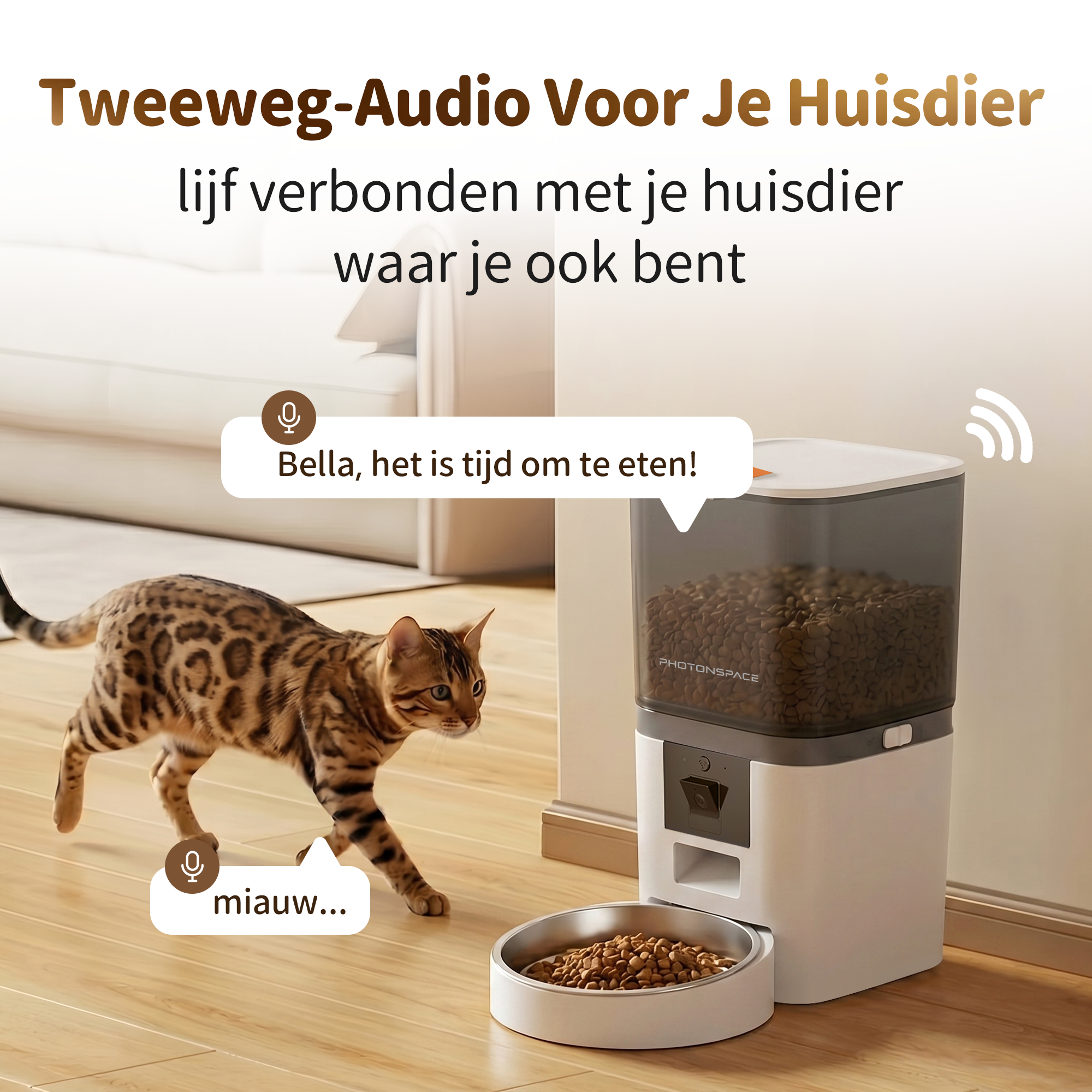 A tabby cat walks past an automatic pet feeder dispensing food into a bowl.