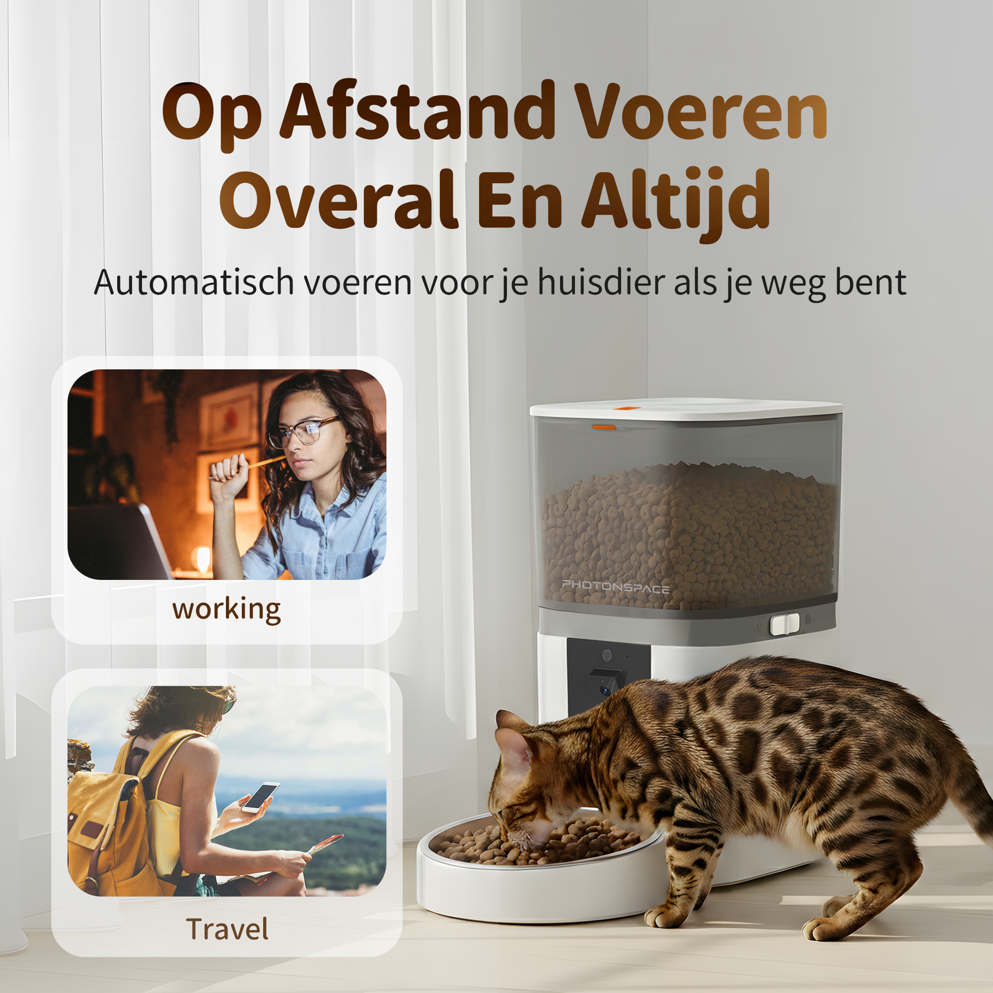 A Bengal cat eats from a pet feeder, with images of a working woman and traveler beside it.