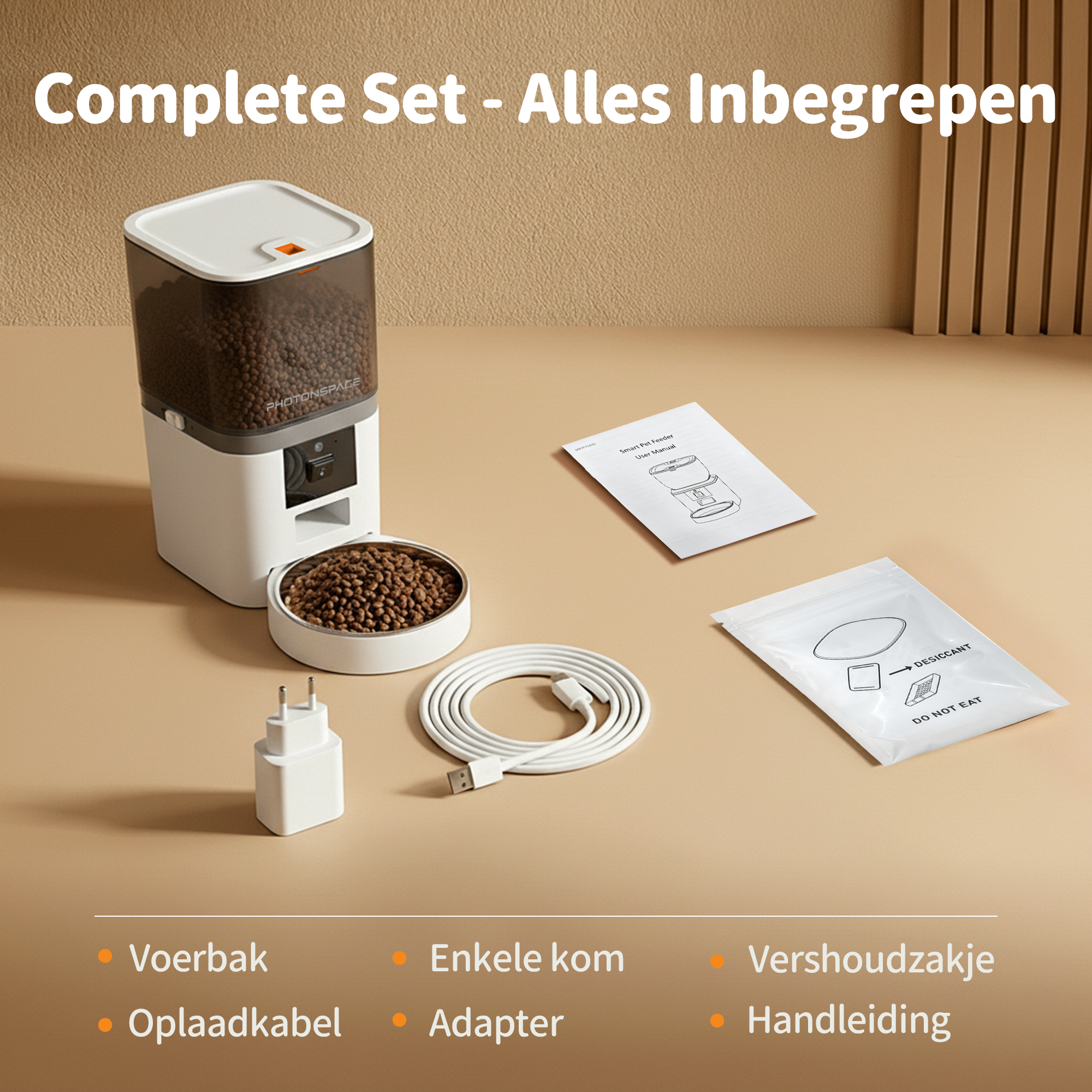 An automatic pet feeder with bowl, cable, adapter, sachet, and manual.