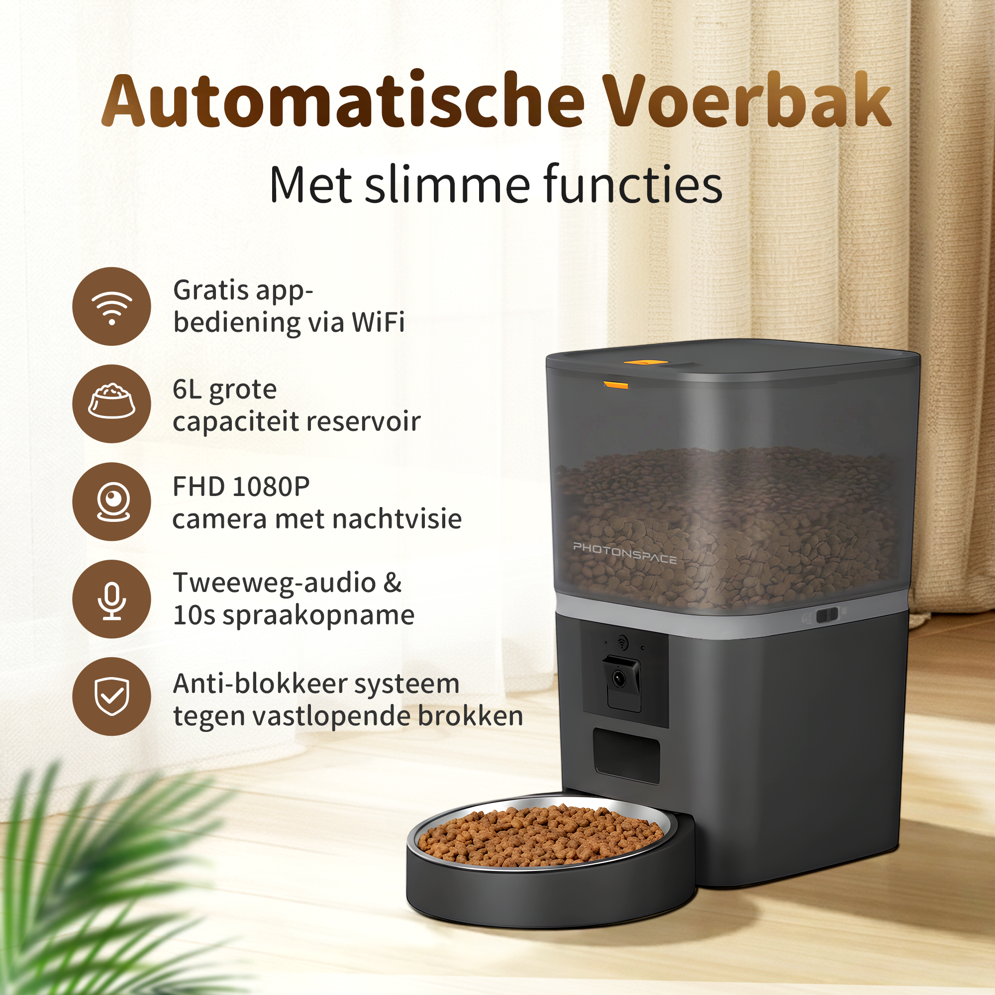 An automatic pet feeder with camera, 6L capacity, and app control.
