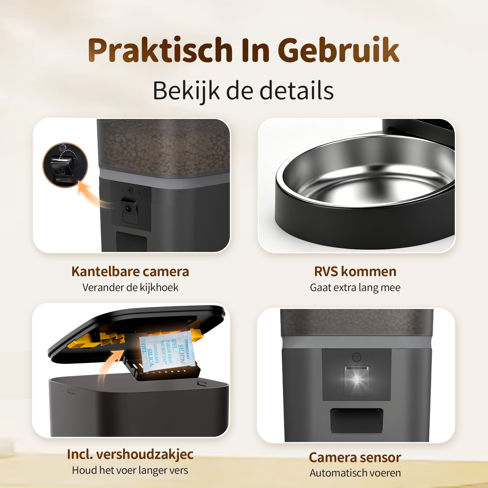 Product images: camera, stainless steel bowl, desiccant, and sensor.