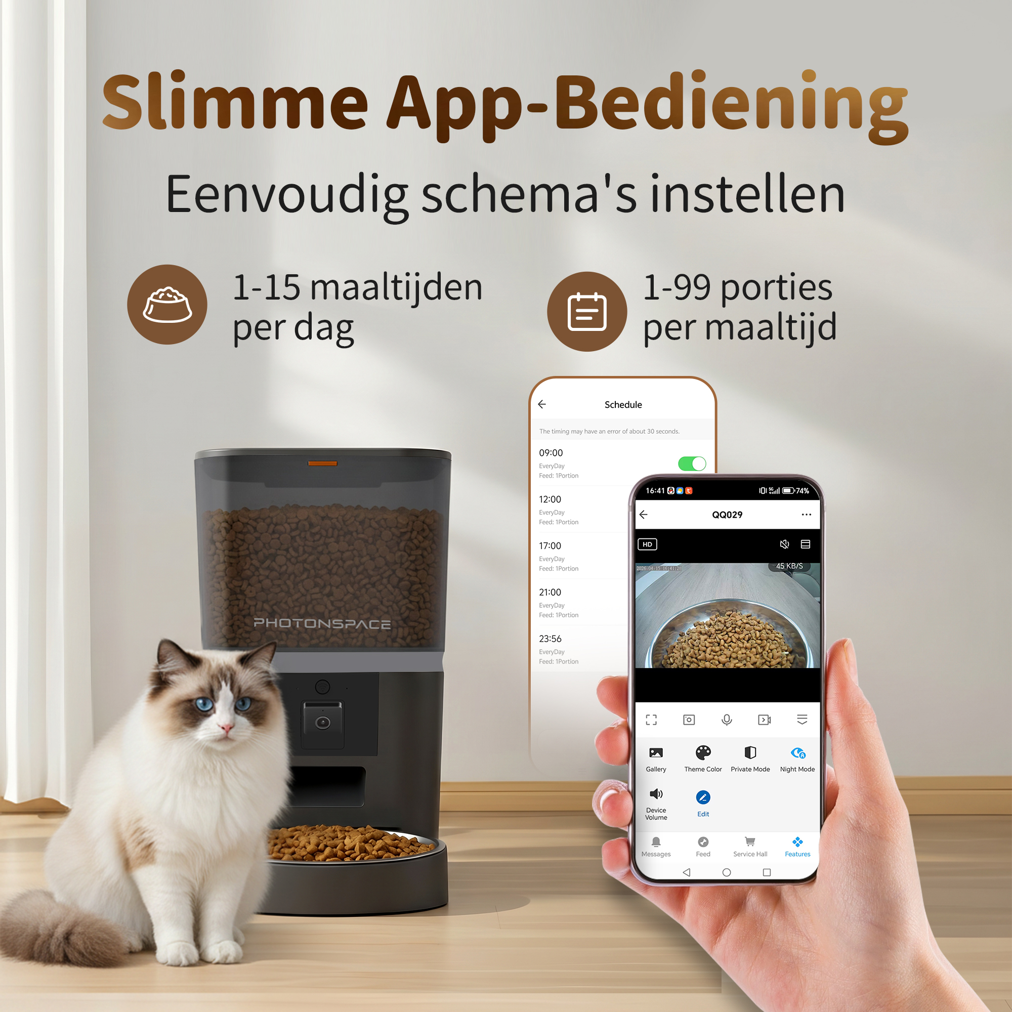 A Ragdoll cat sits next to an automatic pet feeder controlled by a smartphone.