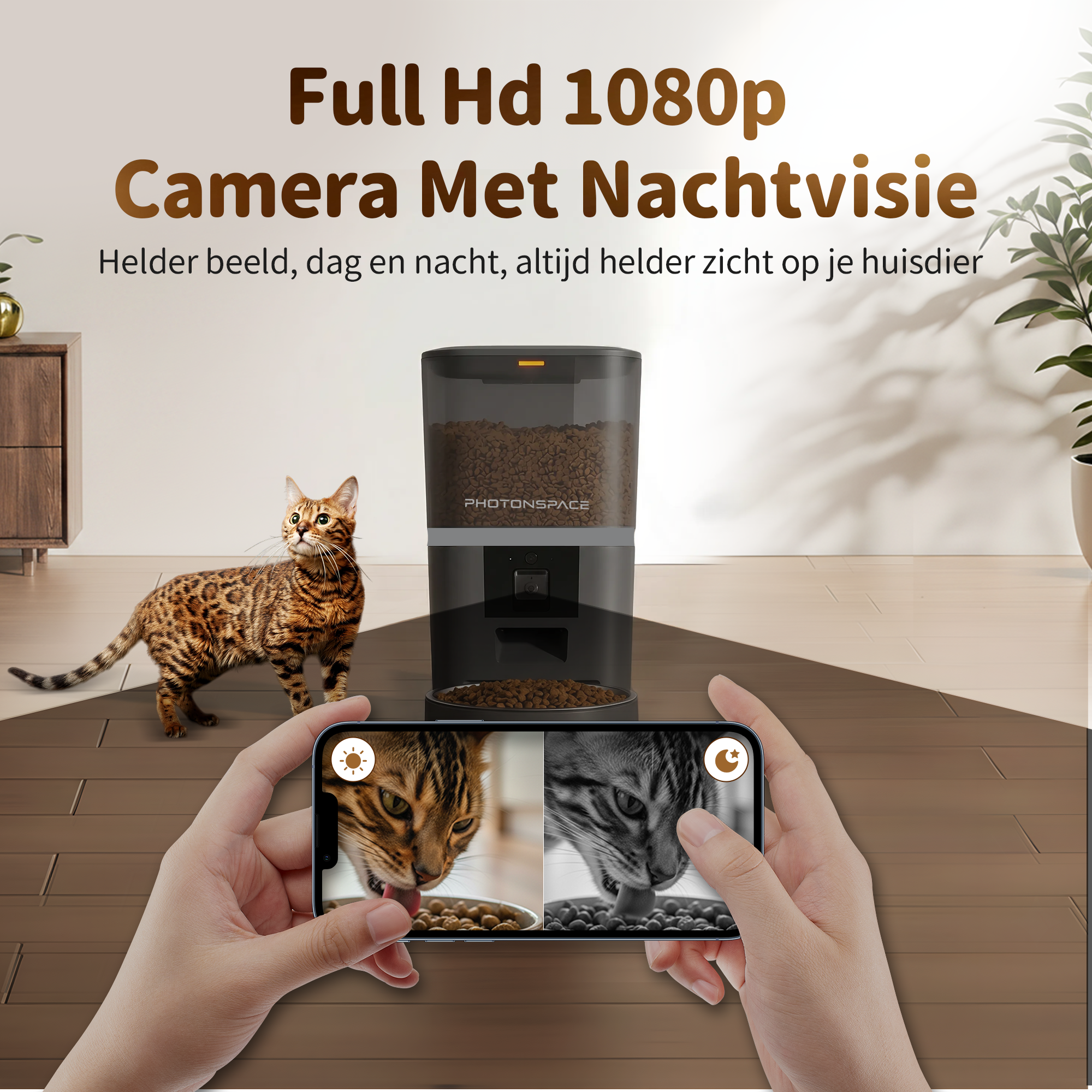 A Bengal cat feeder with camera shows a cat eating.