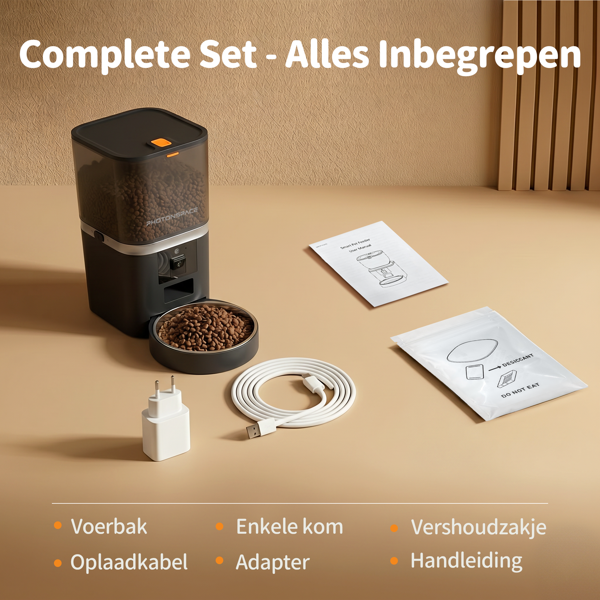 Smart pet feeder set with accessories: feeder, bowl, cable, adapter, desiccant pouch, manual.