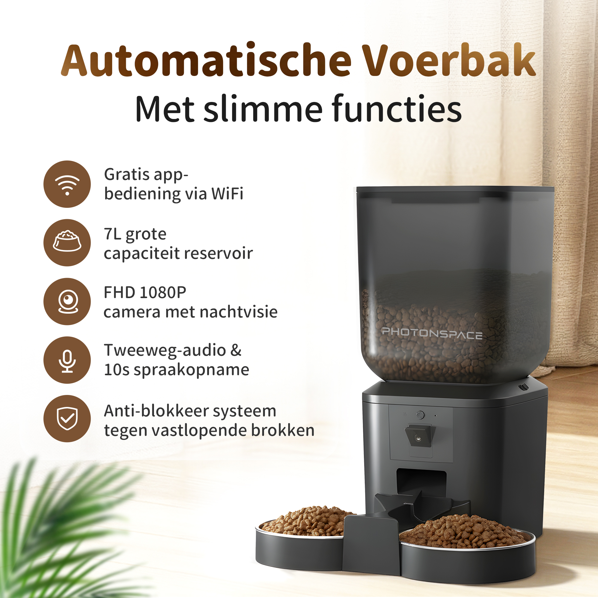 Black automatic pet feeder with 7L capacity, camera, two-way audio, and app control.