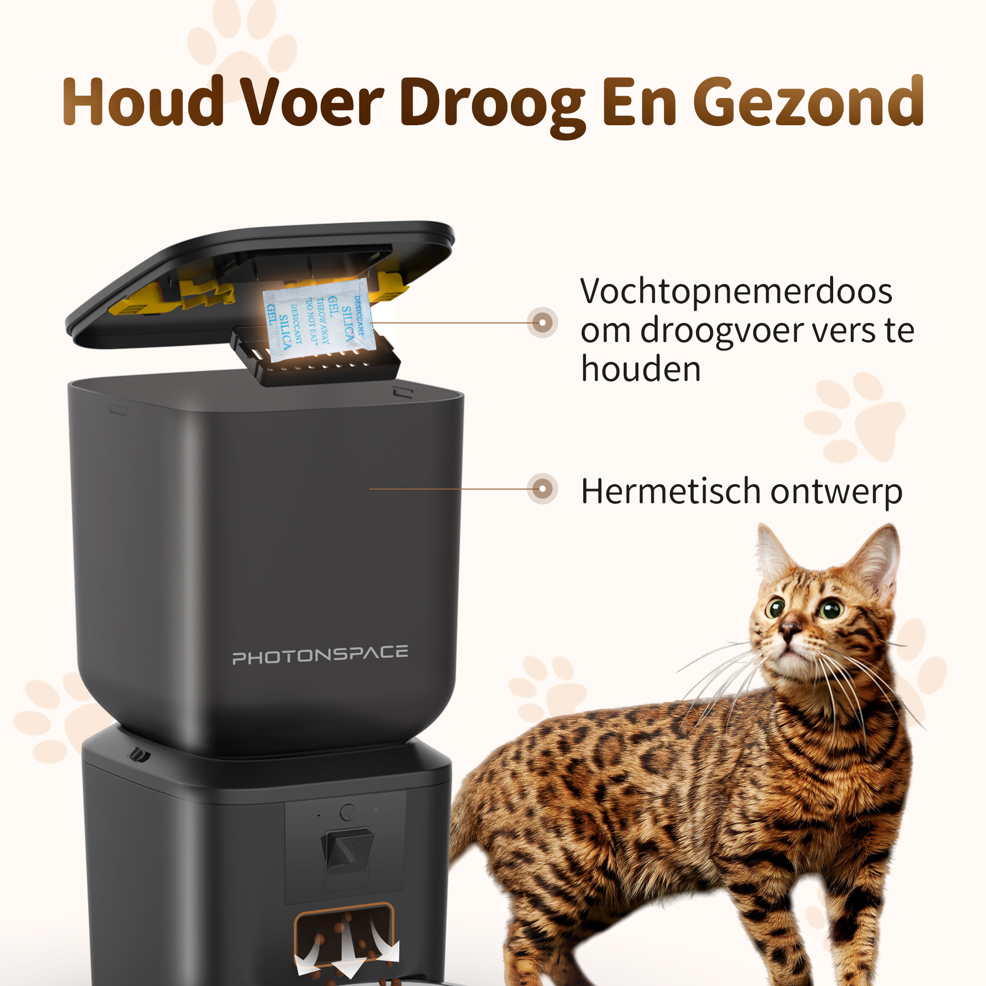 A Bengal cat stands next to a pet food dispenser with silica gel packets.