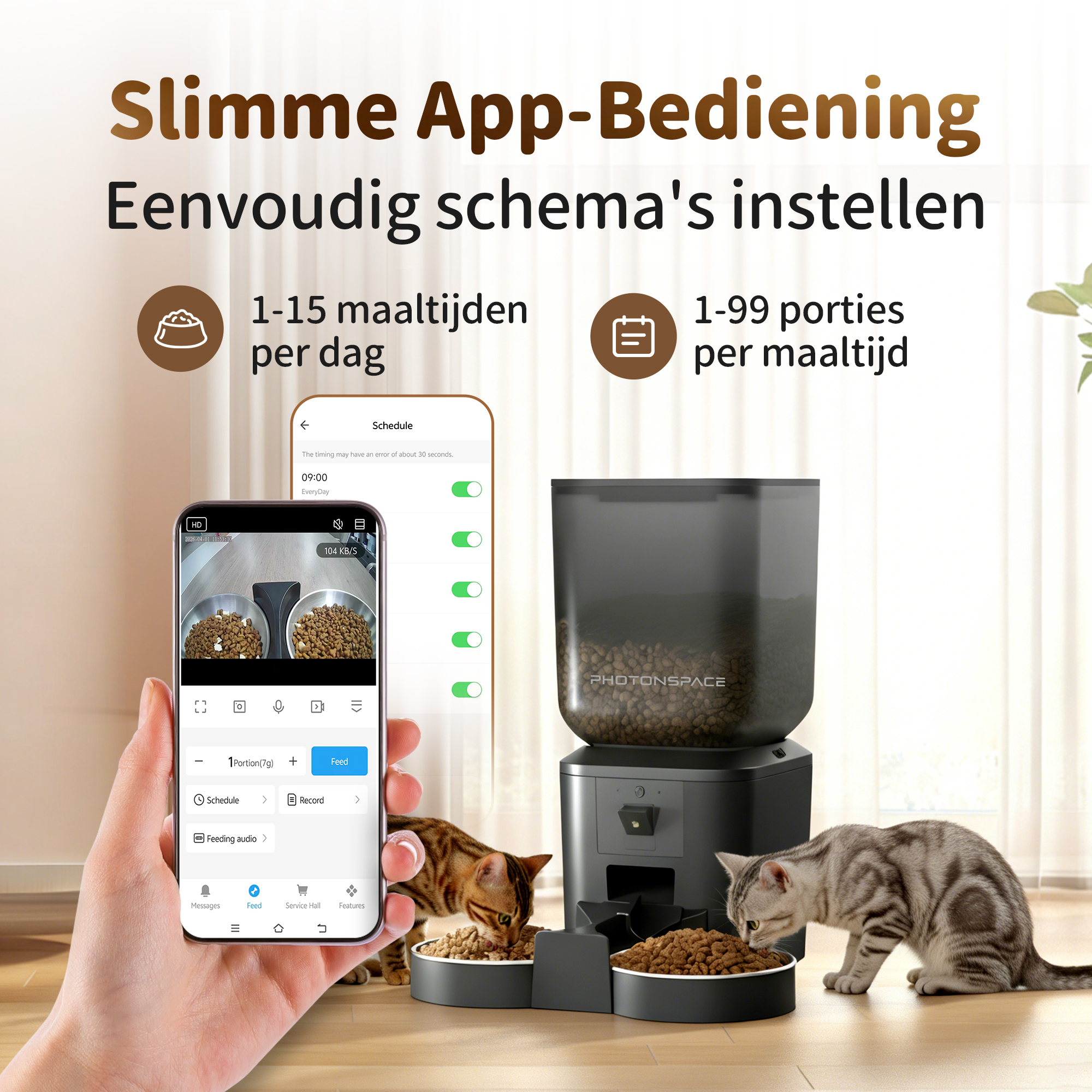 An app-controlled automatic pet feeder with two cats eating from bowls.