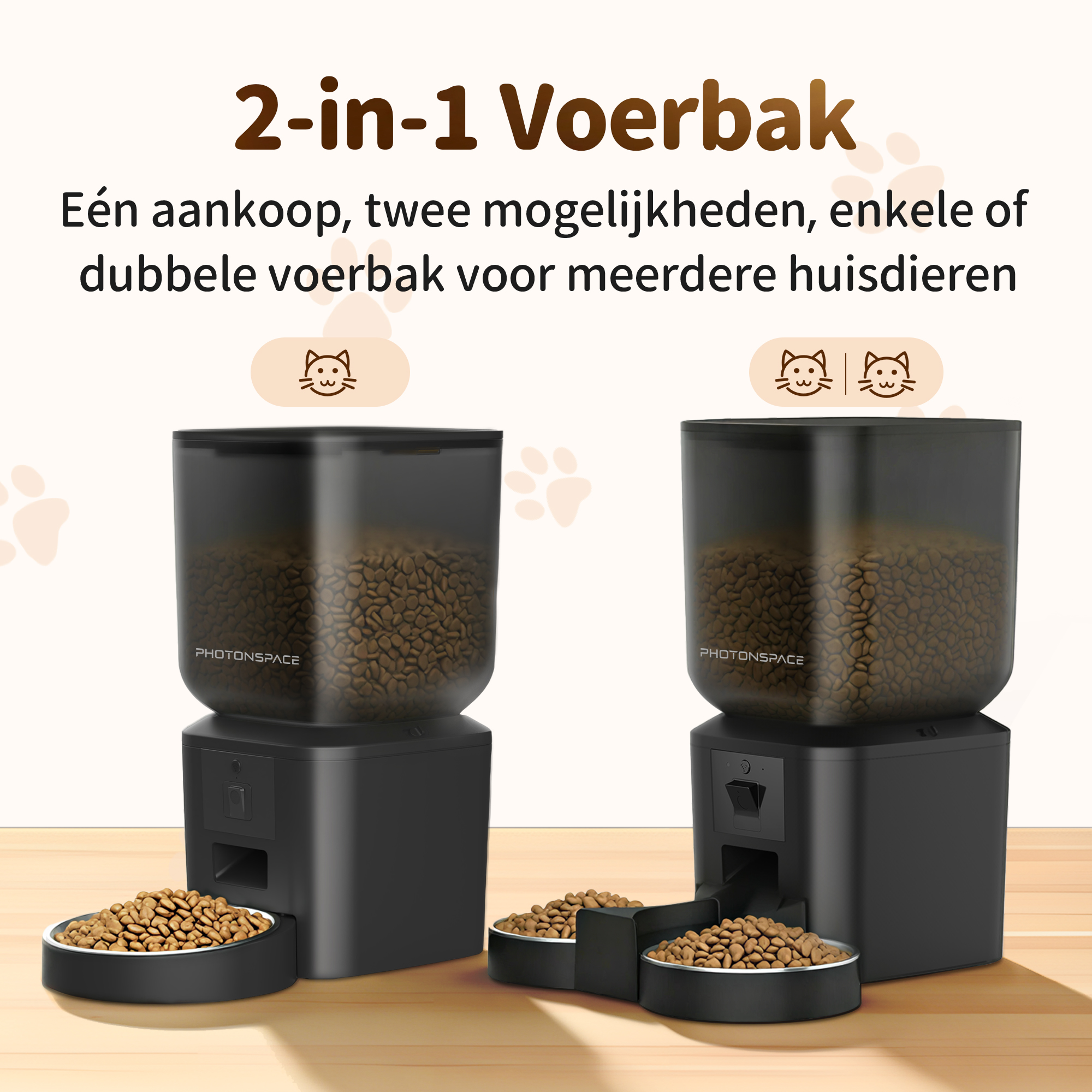 Two black pet food dispensers, one single, one double, on a wooden surface.