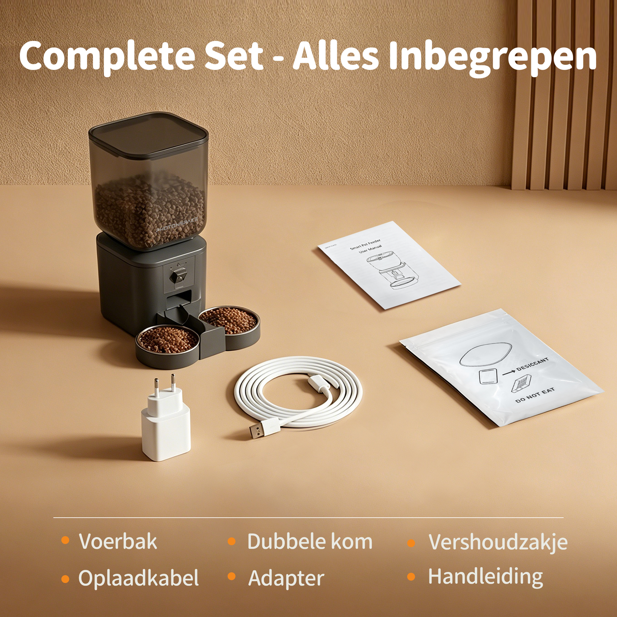 Automatic pet feeder set with components: food container, dual bowls, cable, adapter, desiccant, and manual.