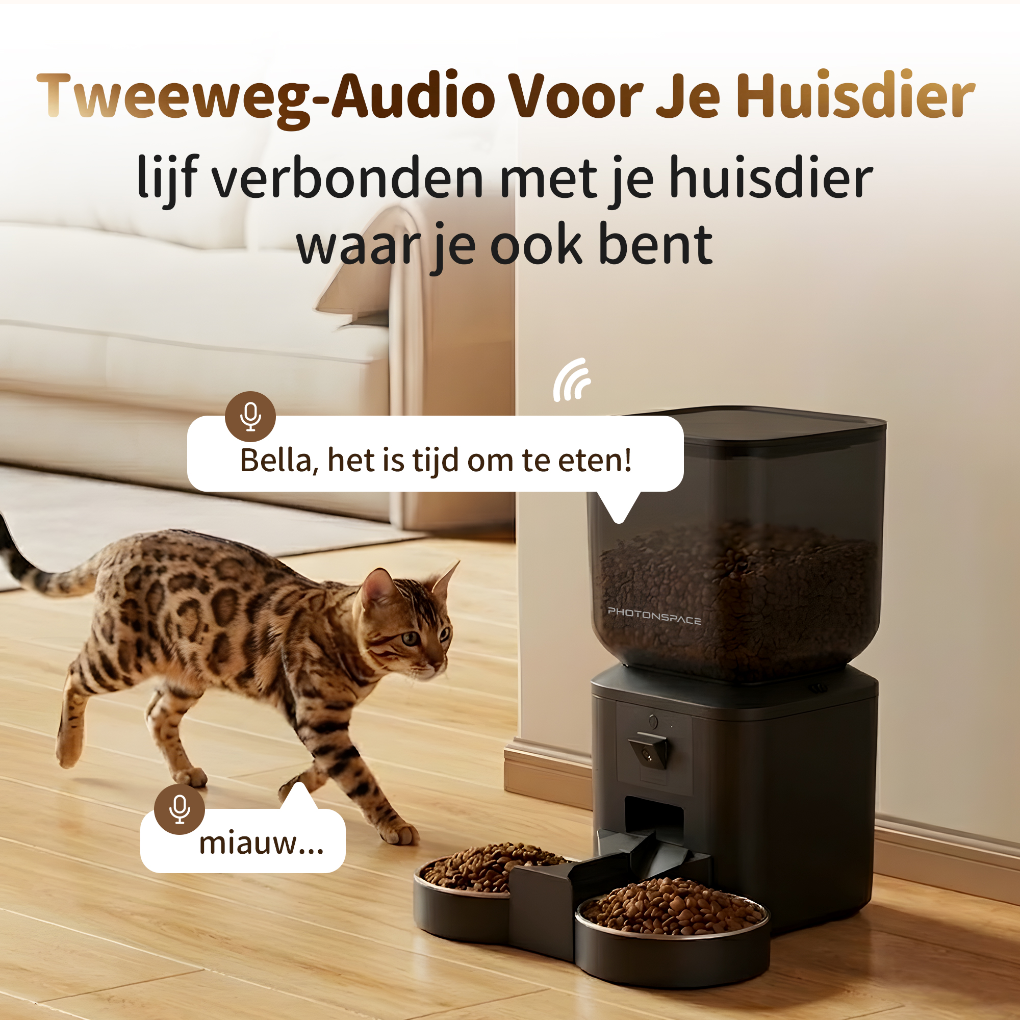 A tabby cat walks near a pet feeder with full food bowls.