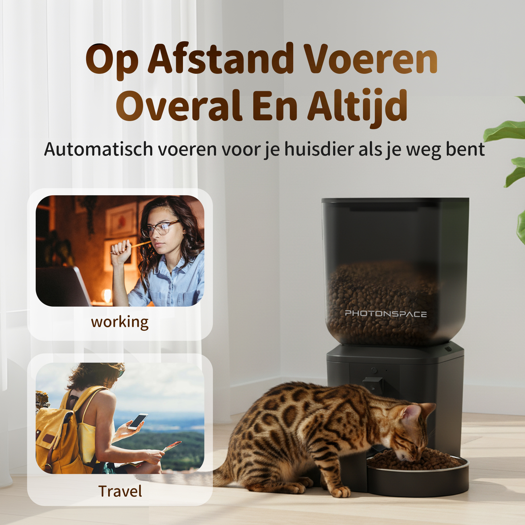 Cat eats from feeder, next to woman with backpack and phone.