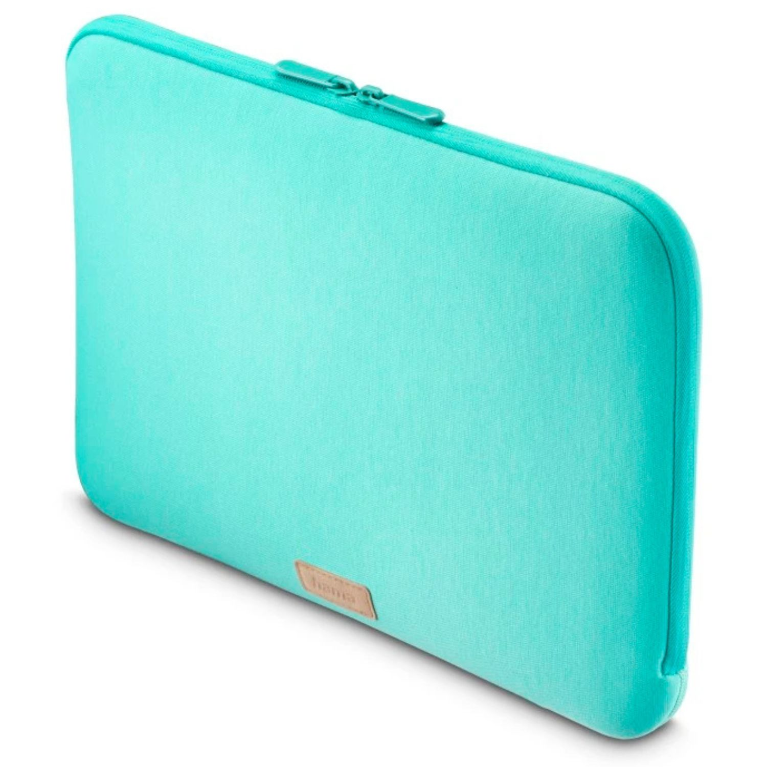 Türkisfarbene Laptoptasche mit Reißverschluss und kleinem braunem Logo.